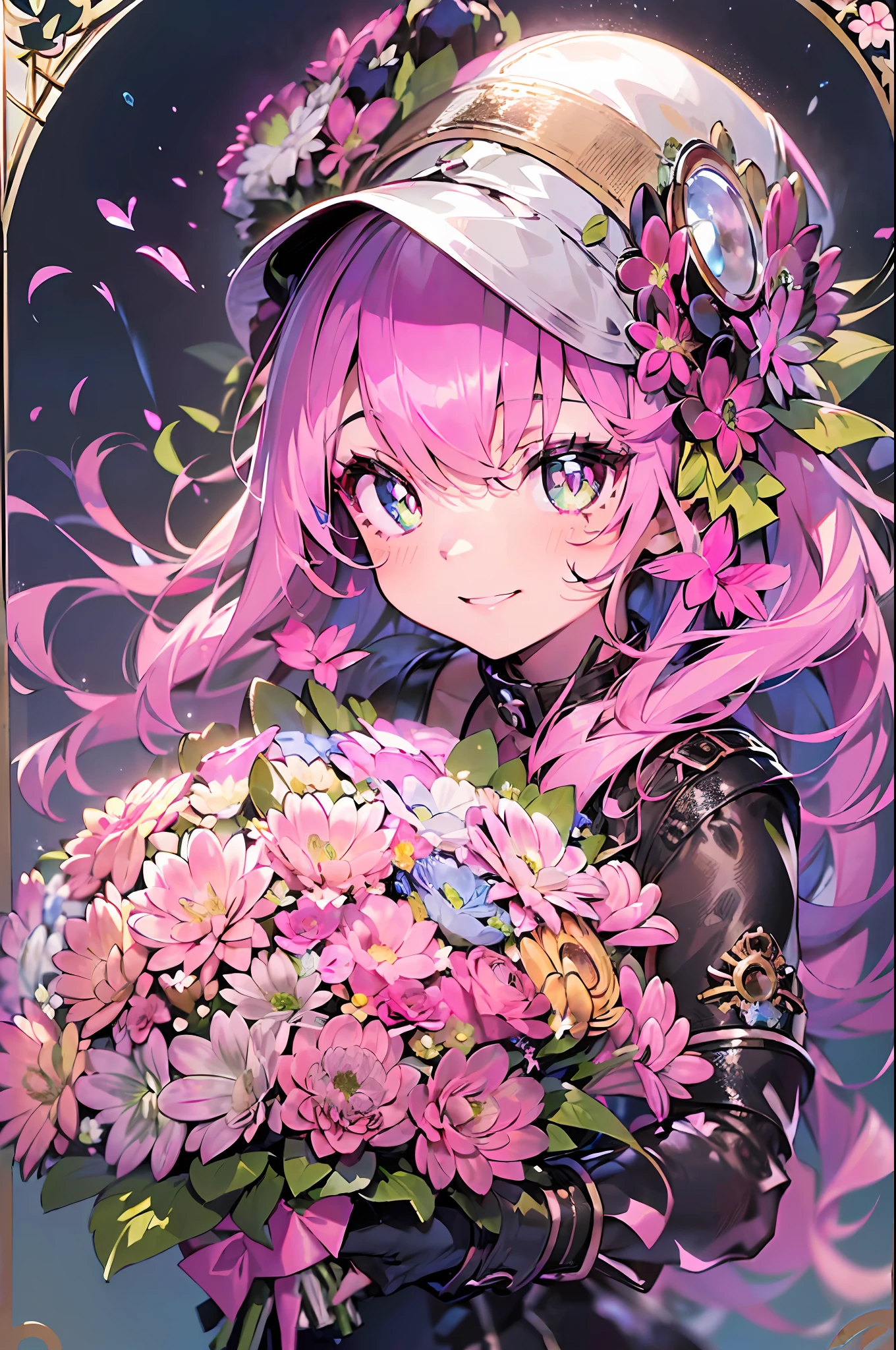 Steampunk style:2.gear、Steam engines、(hand over a bouquet:2)((masutepiece))),((ultra-detailliert,Best Quality, hight resolution)), (1 girl)((Pink hair, Long hair,Straight hair,two side up)) (Green eyes),eyeshadows, eye line,gloweyes, ultradetailed eyes, intricate eyes, Beautiful eyes, ((Glowing pink pupils))18-year-old girl、frilld.Smile .Hourglass background、Big hourglass.((High contrast RGB effect, LED effect, Kaleidoscope effect, Shining Effect, Ripple Effect, Glitter RGB effect)) (Black background: 1.5)A smile
