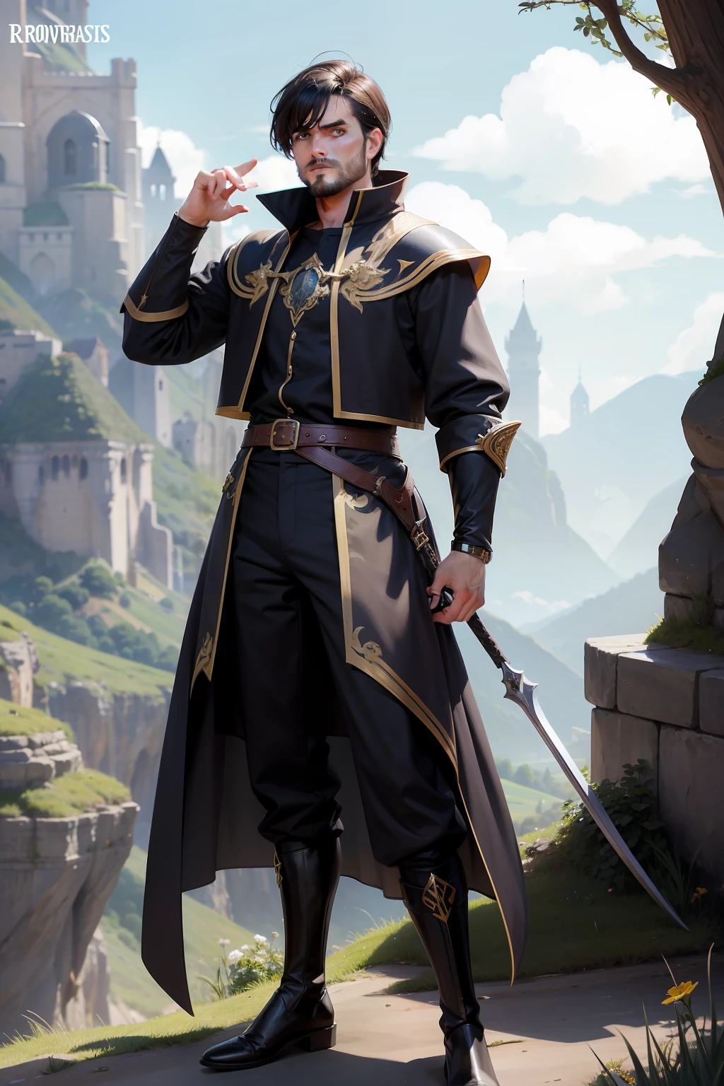 realista, homem jovem, magro, short hair cut, cabelo curto preto, short beard, fantasia, armaduras medievais pretas, roupas pretas, roupas medievais, Slacks, botas, corpo todo, nevoa negra ao fundo