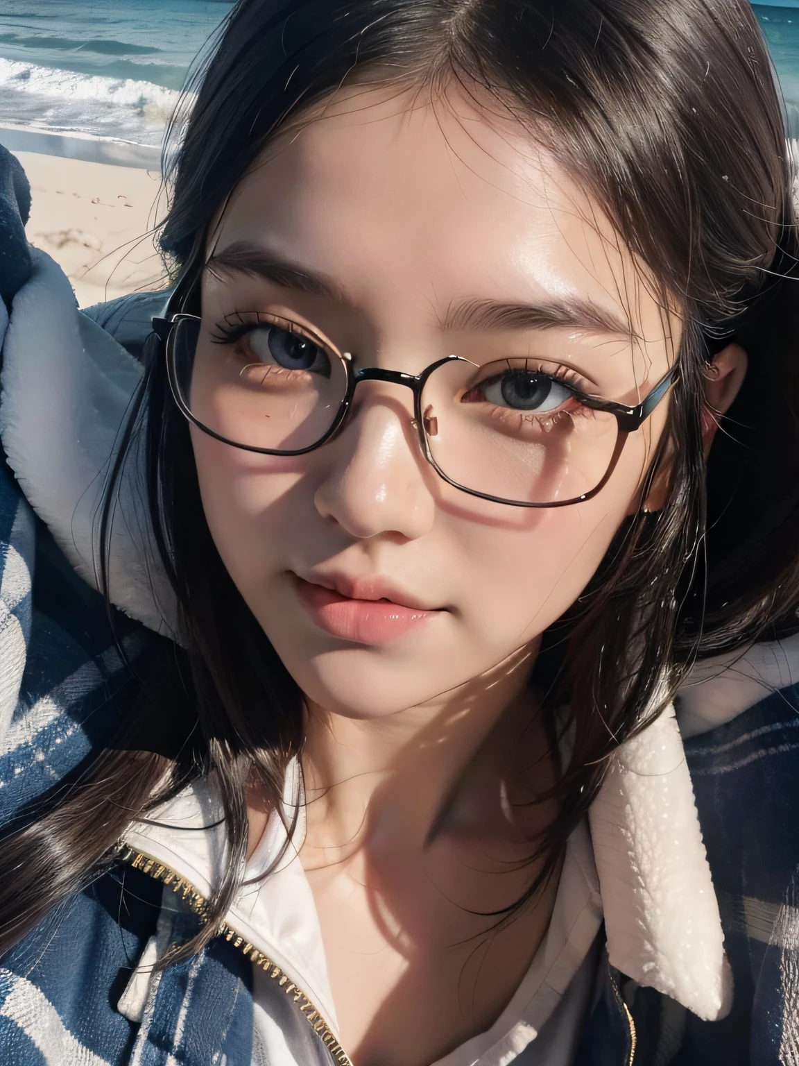 Take the girl's appearance in the picture and draw a full-body landscape photo on the beach。