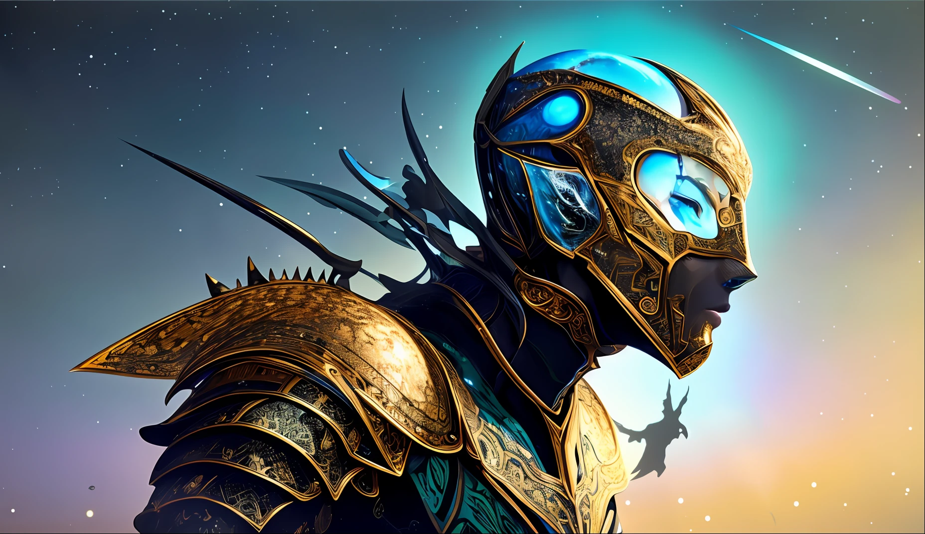 _james jean, (1girl), wearing a heavy knight armor, dark armor, intricate black and gold armor details, intricate beautiful green fields,| beautiful night sky | photo manipulation| beautiful composition, colorful and vibrant, mystical colors, contemporary impressionism, yanjun cheng portrait painting, iridescent painting, 3/4 perspective view, cute face, low angle, (the most beautiful portrait in the world:1.5) BREAK
UHD, HDR, 8K, (Masterpiece:1. 5),