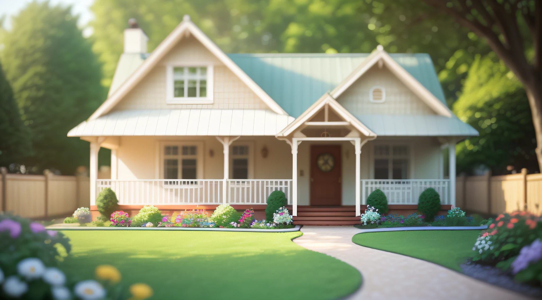 This architectural photograph captures the charm of a cozy bungalow with a picket fence and beautiful garden. Using a Canon EOS 5D Mark IV, and tilt shift lens to create a miniature effect, the image is bright and airy, with a warm color palette that adds to the inviting atmosphere.