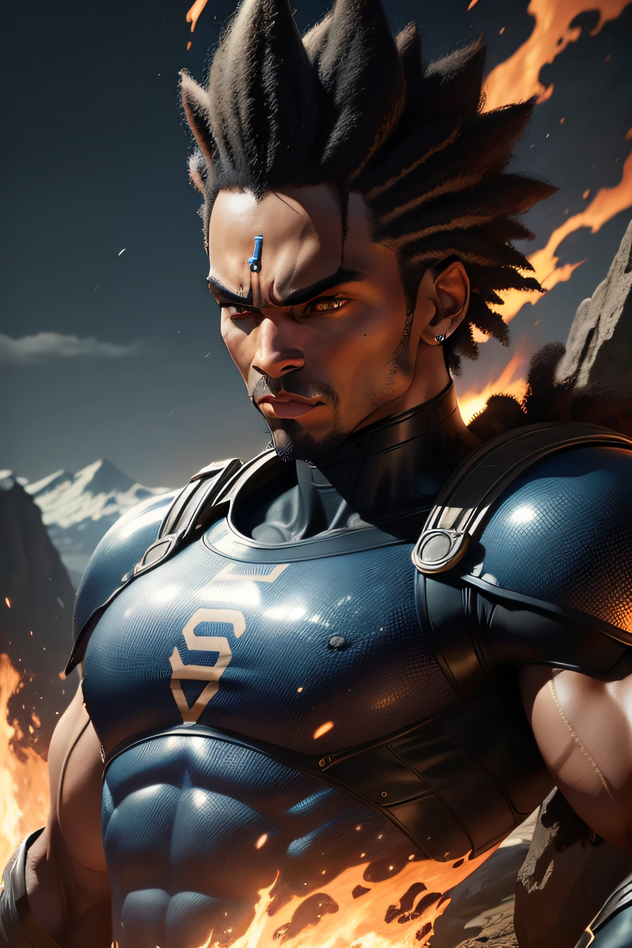 Homem negro Super Saiyajin, de pele negra, montanhas ao fundo, ☄️ , ⛰️, detalhe realista, estilo realista, (colorido), (cinemactic), (ultra realístic), (Very high detail), (detailed facial features), (pele finamente detalhada), (perfect proportion) , (fotorrealista), (melhor qualidade), (8k), Ambiente de montanha de fundo, ☄️, ⛰️