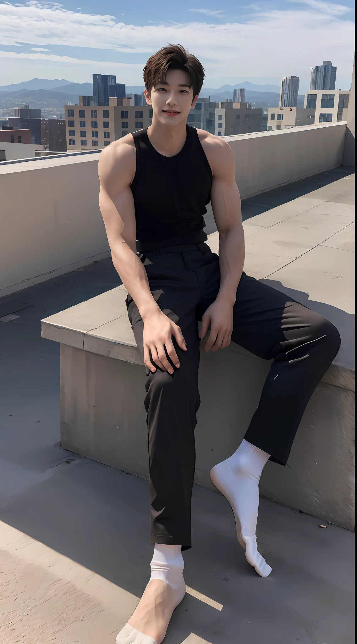 （A lovely Shota：2），（Colored screen：1.2），solo person，（full bodyesbian：3），（Stay away from the lens：3），Expose your legs，（revealing the whole body：2），（Frontal heads-up view：1.2），malefocus，（looking at viewert），16 yaers old，（Tall：3），（Tall guy：2），Super tall，（Height 300 cm：2），Excellent body proportions，（1.The shoulders are 5 times wider：1.2），（Slender straight legs：2.5），Slender feet，small heads，musculous，（Lovely and pretty：2），（The face of an anime man），（Very detailed beautiful face and eyes：2），（Big bright eyes：1.2），Sharp eyeliner，Clear and beautiful face，，exhilarated，（Happy smile：2），short detailed hair，（Correct facial features），（tilts your head：1.5），（Red Spider-Man suit：2)，（Muscle firming：2），Strong，（Wide shoulders and narrow waist：2.2），Sports men's socks，Detailed muscle texture，Highlights muscle structure，on the rooftop，（sitting upright：4），（full length shoot），ultra-realistic realism, (Photorealistic detail), Incredible accuracy, lifelike textures, masterful technique, Jaw-dropping precision, artistic dedication，（anatomy correct），Good lighting，exquisite detailing，Best quality，stunning masterpiece，CG