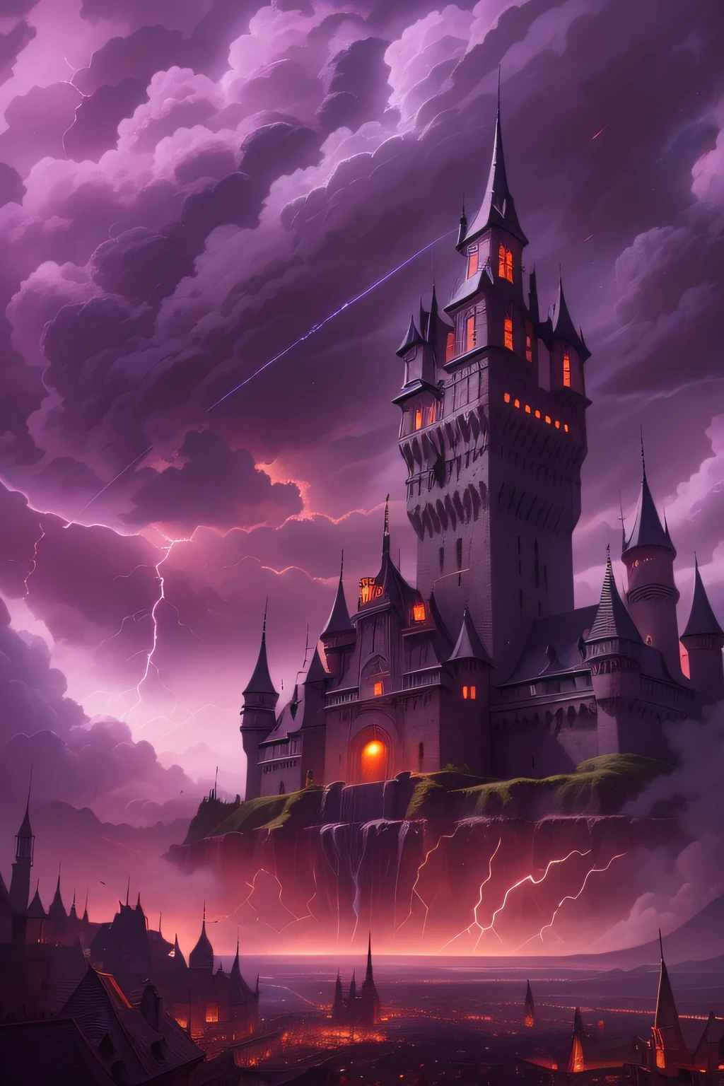 In the sky there is a castle with a tower, high fantasy castle, Flying citadel with towers, Flying Castle, epic castle with tall spires, abandoned castle in the sky, Fantasy architecture, futuristic castle, symmetrical spectacular fantasy art, an immense floating castle, Cyberpunk Castle, Flying Cloud Castle, High Fantasy Matte Painting, Castle in the air,Castle in the Sky,Alafed Castle with spire and clock tower in the background, epic castle with tall spires, concept art stunning atmosphere, andreas rocha and john howe, andreas rocha style, inspired by Raphael Lacoste, inspired by Marc Simonetti, bussiere rutkowski andreas rocha, Fantasy architecture, gothic epic library concept, Marc Simonetti. Convoluted, Lightning clouds, Atmospheric lightning, Pink lightning, With thunderstorms, Dark storm with lightning, Dramatic purple lightning, Lightning in the sky, Colorful lightning contrast lightning, thunderstorm in the sky, Lightning in the background, With lightning, Stormy weather with lightning, Lightning that creates life, Upper volumetriclightning, thunderstorm, Dark clouds and lightning、(Red moon peeking through the clouds),Horror movie effects,cosmic horror,SFMovie Effects,realistic atmosphere,The moment the castle begins to surface,