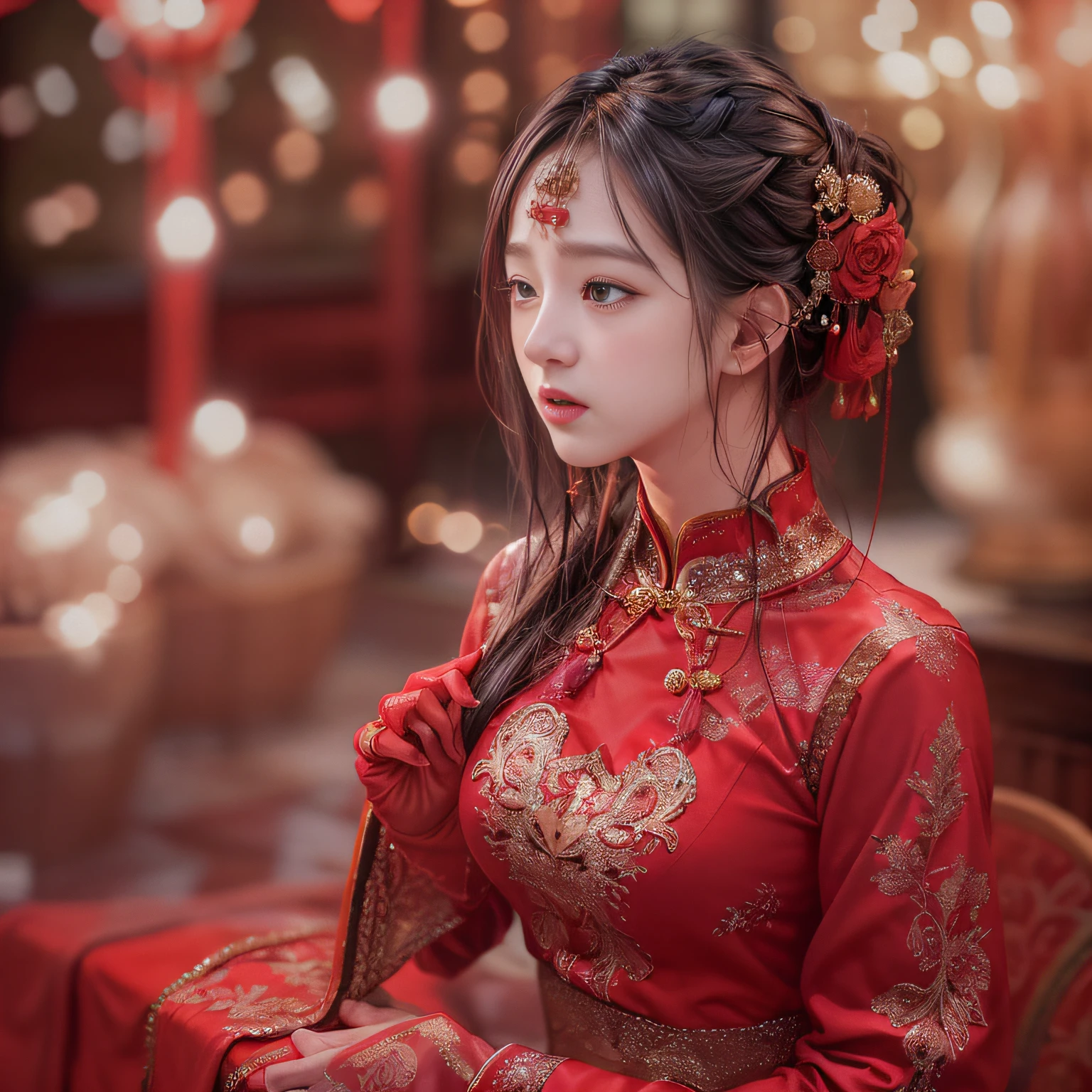 best qualtiy, tmasterpiece, A high resolution, 1girll,Chinese wedding dress,hair adornments,choker necklace,jewely,beauitful face,after sexing_Body,Tyndall effect,realisticlying,Red festive room edge lighting,twotonelighting,(highdetailskin:1.2),8K high-definition,gentle illumination,high high quality,Volumetriclighting,Frankness,photore,A high resolution,Bokeh