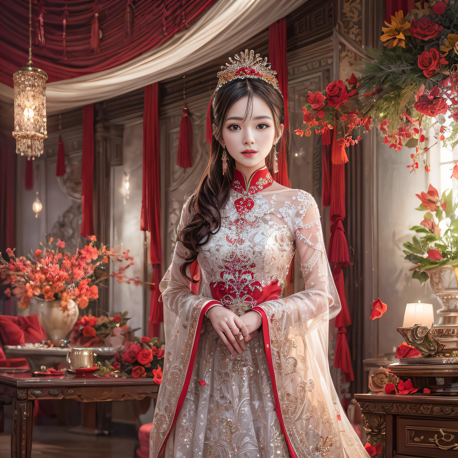 best qualtiy, tmasterpiece, A high resolution, 1girll,Chinese wedding dress,hair adornments,choker necklace,jewely,beauitful face,after sexing_Body,Tyndall effect,realisticlying,Red festive room edge lighting,twotonelighting,(highdetailskin:1.2),8K high-definition,gentle illumination,high high quality,Volumetriclighting,Frankness,photore,A high resolution,Bokeh