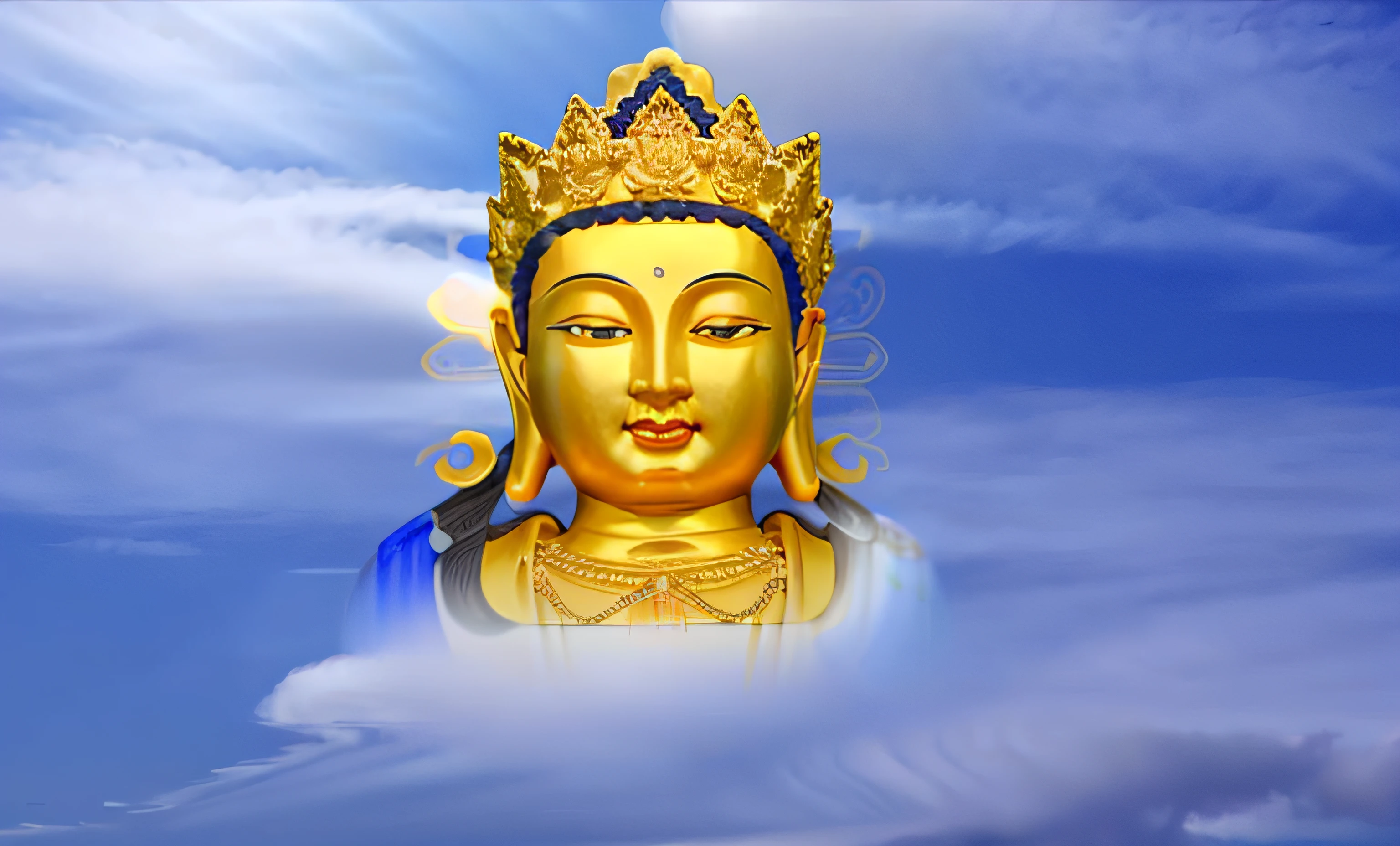 There is a golden Buddha statue in the sky，Clouds, a Buddhist Buddha, Buddha, Buddhist, Buddhism, beautiful gold saint, Float in the blue sky and white clouds，Powerful in the state of Zen, Head, enlightening, Enlightened, Beautiful image, close up portrait shot, samsara, sculpture made of gold, Cloud, serene, Zen, enlightening, author：David Burton-Richardson, author：Joseph Werner, beautiful fine sky