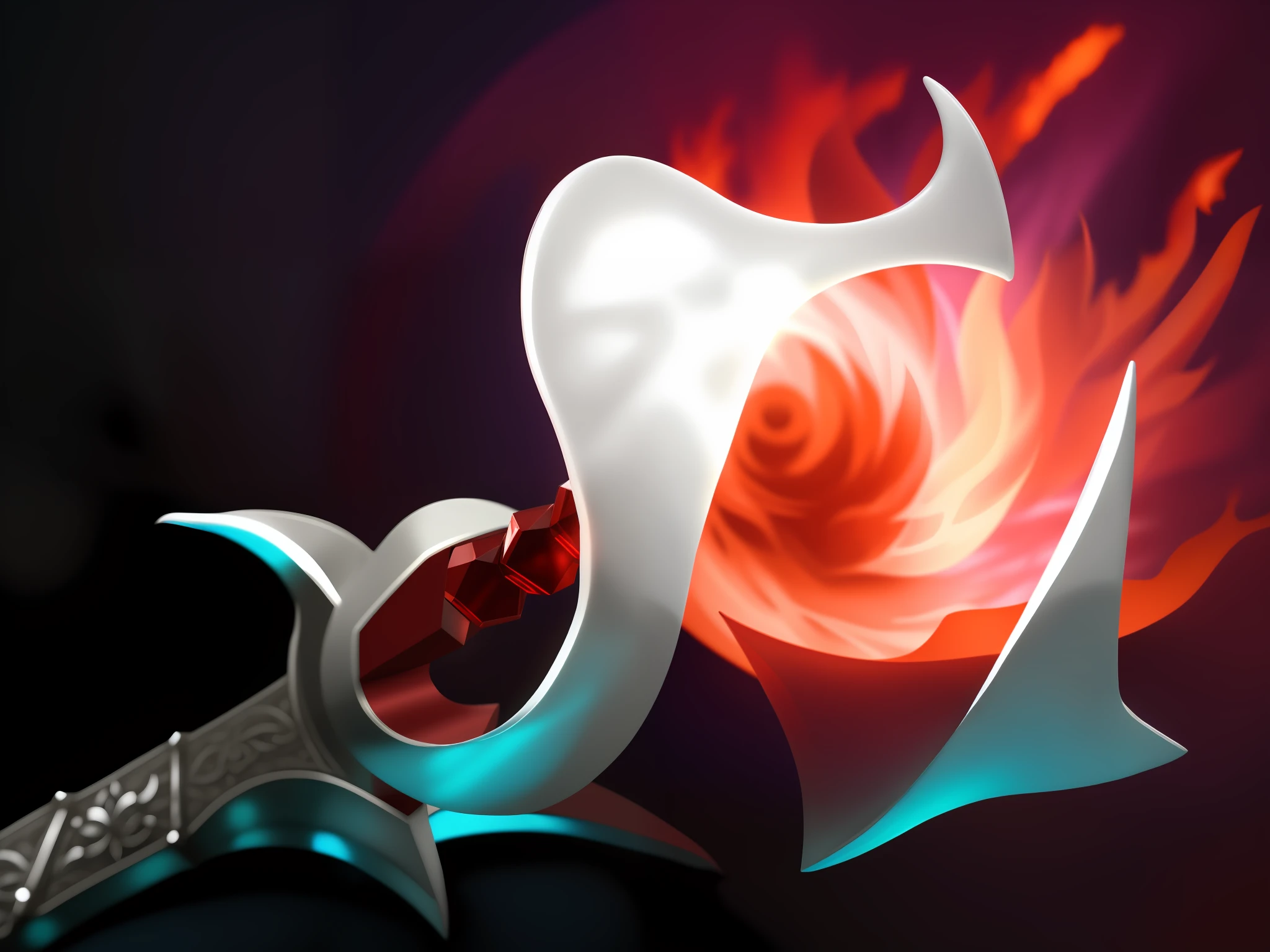 Close-up of the white jade staff,The handle is made of Mithril silver,In the center of the white jade staff is a burning garnet,Burning garnet,Garnet born from the Flame Demon,red flames