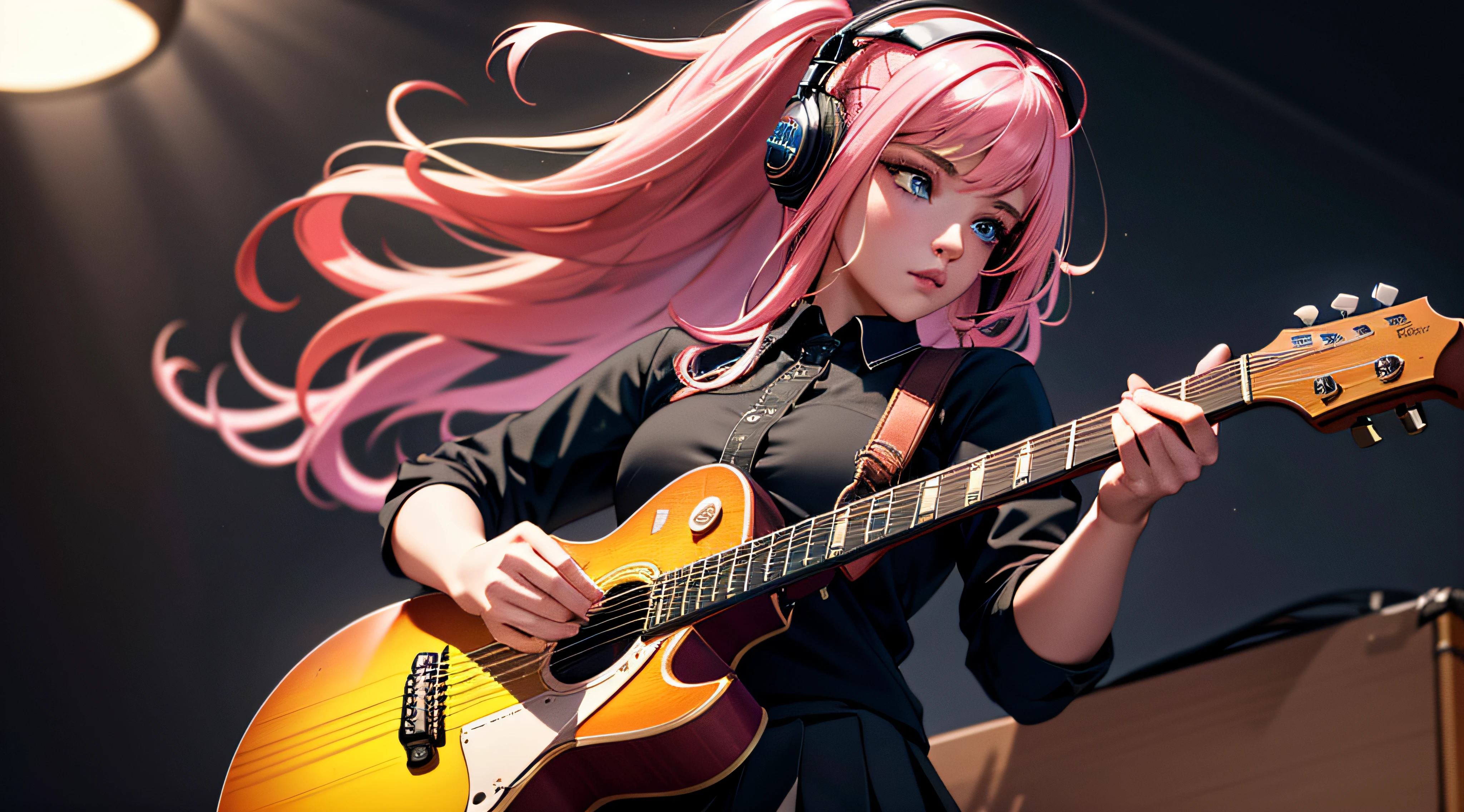 ((1girl)), ((cinematic light)), colorful, hyper detail, dramatic light, intricate details, best quality, (extremely detailed CG unity 8k wallpaper, masterpiece, best quality, ultra-detailed, best shadow), (detailed background:1.4), (beautiful detailed face, beautiful detailed eyes), High contrast, (best illumination, an extremely delicate and beautiful),(girl:1.5), solo, black skirt, blue eyes, electric guitar, guitar, headphones, holding, holding plectrum, instrument, long hair, music, one side up, pink hair, playing guitar, pleated skirt, black shirt, indoors ((caustic)), dynamic angle,beautiful detailed glow,full body, cowboy shot,