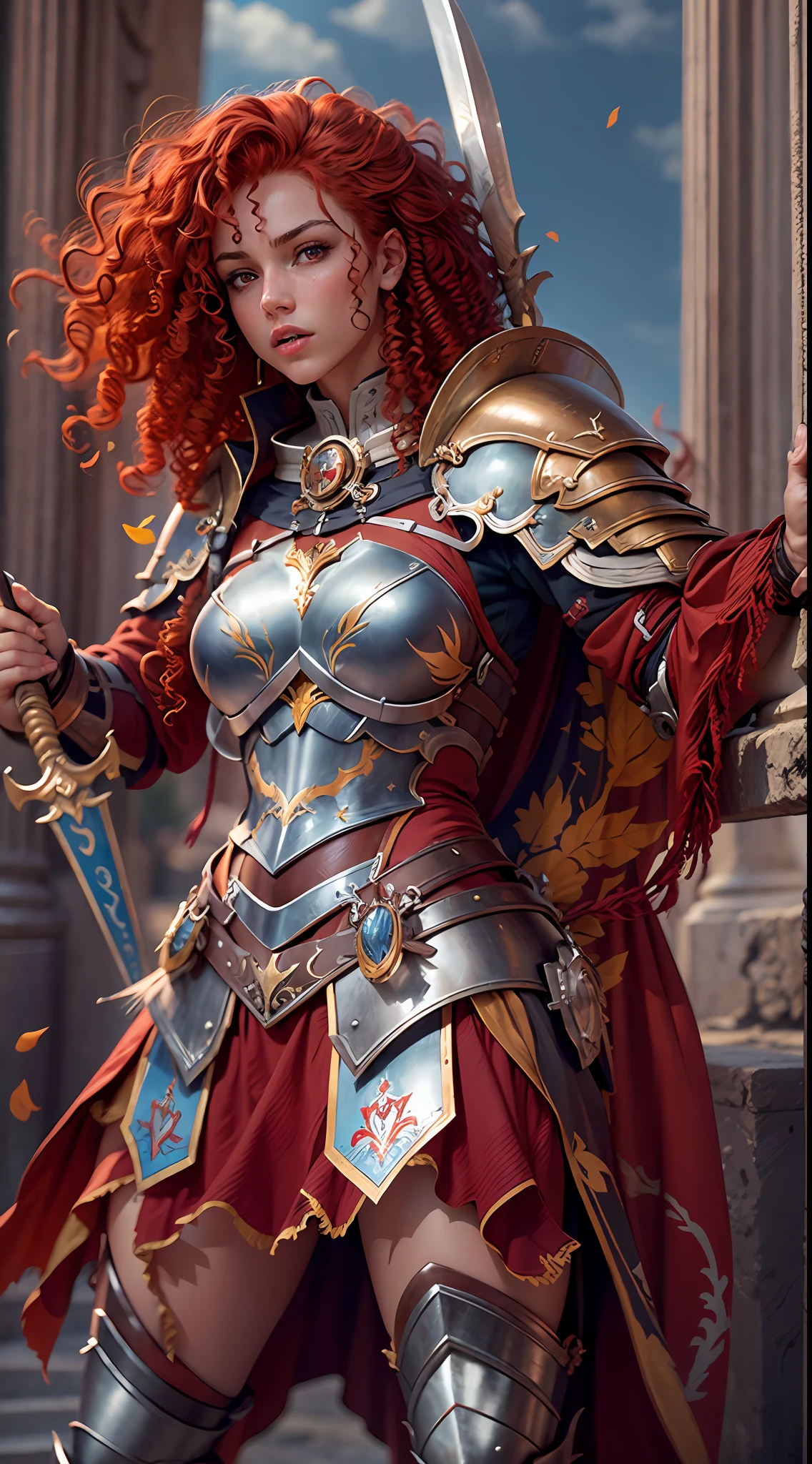 Ultra realism, ultra resolution, HDR, Photo realism , Female 20s , medium breasts , medium hips, full body , red curly hair , with Aquarius Armor , Knight of the Zodiac, Greece , Fighting , red curly hair , 8k