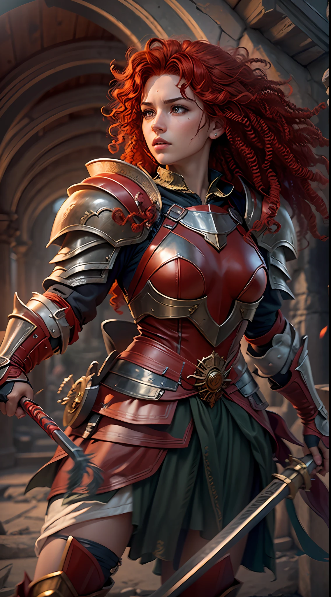 Ultra realism, ultra resolution, HDR, Photo realism , Female 20s , medium breasts , medium hips, full body , red curly hair , with Aquarius Armor , Knight of the Zodiac, Greece , Fighting , red curly hair , 8k