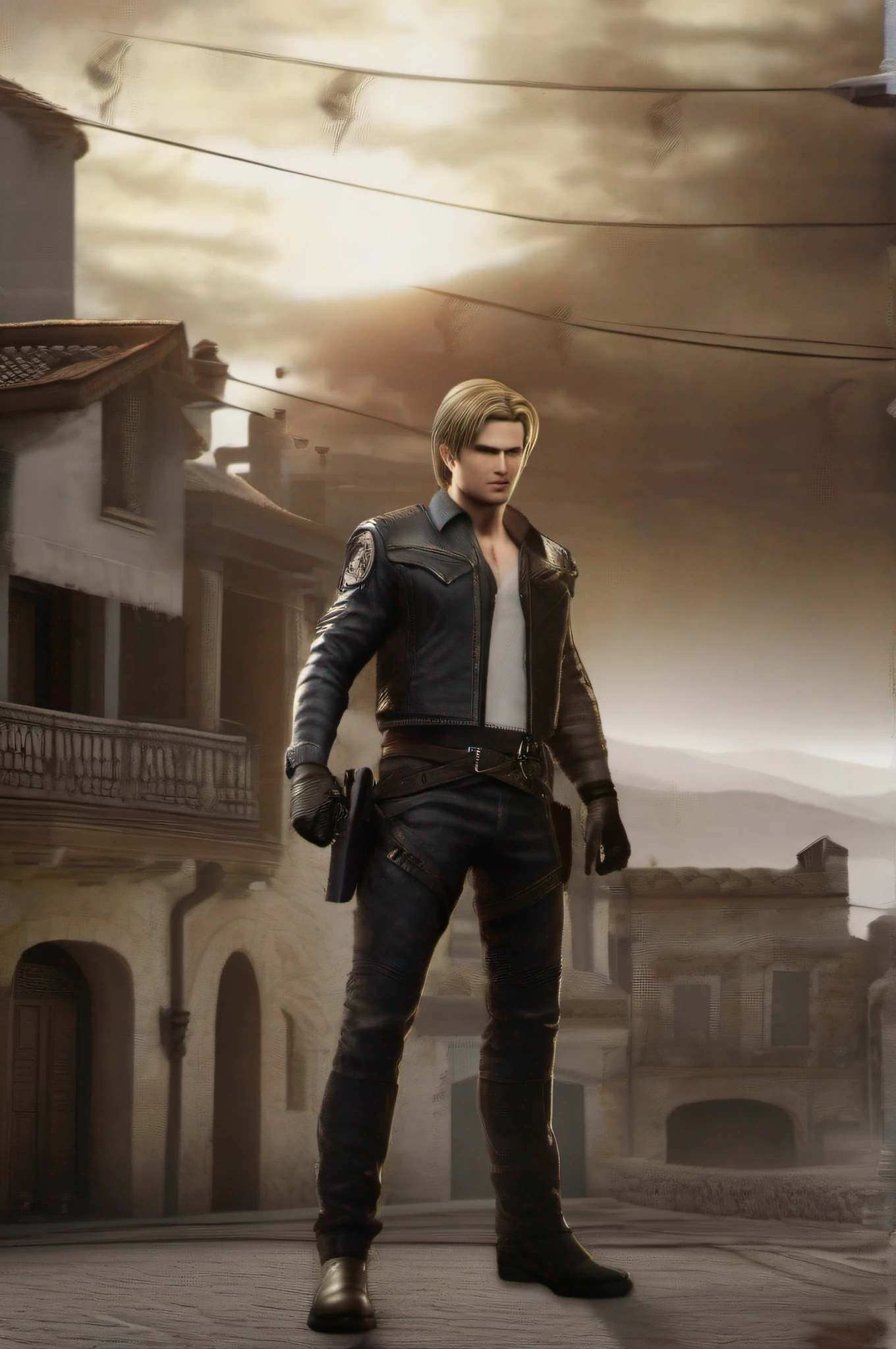 1 man, young man, 27 year old, Leon S. Kennedy from Resident evil 4, face of Eudard Badaluta, solo, white skin, muscular, lean muscle man, tall, hunk, wide shoulder, clean-shaven, dark brown hair, curtain hairstyle, dark brown cold leather jacket white fur on the neck, black T shirt inside, black pant, holding a pistol on right hand, viewer looking, high resolution:1.2, best quality, upper body shot, flat style, cloudy sky and old Spanish village background, nightime, low camera angle, volumetric lighting, depth of field, shadow, small, Bastardcore, Drypoint, street level view, Simulation, Faded, Interactive, bleak colors, Grifes, sunset lighting, hyperrealistic intricate detail finely detailed ultra realistic Tonal Colors octane render 8k --ar 9:16