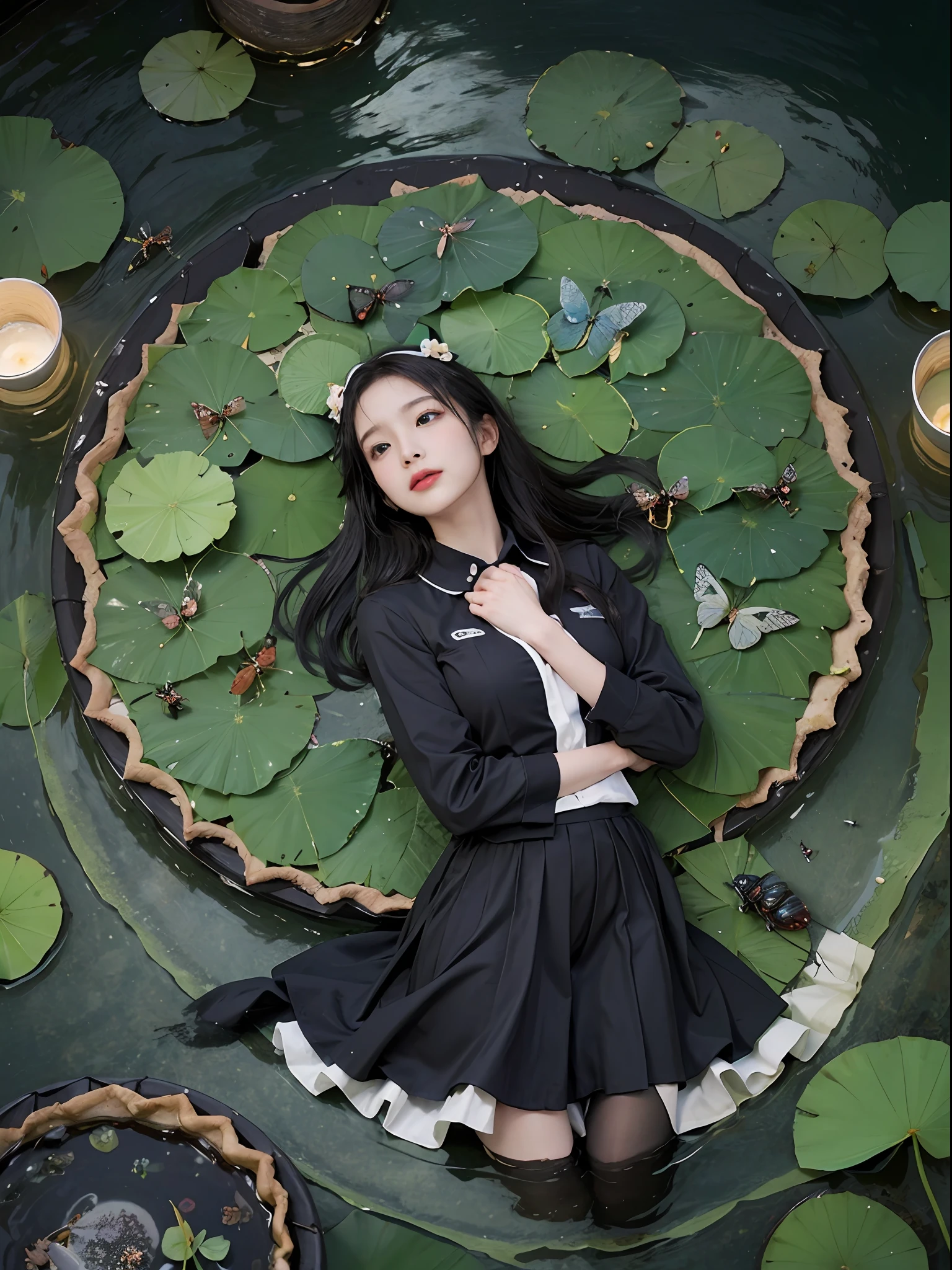 1girl in,lightsmile,(A lot of insects:1.7),(Black uniform),(Absurd insect pond),(lilypads),(The lotus flowers:1.3),(butterfly:1.4), (paper fan), (Floating leaves and caterpillars),(Wind), (Lying), (Black water:1.1),(Moonlight:1.3),(Absurd atmosphere:1.4), (Wide Shot),(From above),(Black theme:1.2), She is lying in the center of the lotus pond, ((top-quality、9 head and bod、masuter pie:1.3))、1、sideshot:1.2、Beautiful Japan woman with slender abs:1.3、cabelos preto e longos、Lots of bangs、(small tits:1.2)、(Lying in a black uniform:1.5)、Perfectly matched with the surrounding landscape. beautiful night, Moonlight reflected in the water, Creating a calm atmosphere. From above, Viewers can see the lily pads and lotus flowers surrounding her, There is a mysterious light in the water、illuminate insects moving gracefully around her,,,,. Lots of blue caterpillars are dancing around the girl, Green theme dominates the scene, In emerald and jade shades that emphasize the natural beauty of the pond. The rippling water and moonlight add to the quiet mood, It will be the perfect spot for relaxation and reflection.
