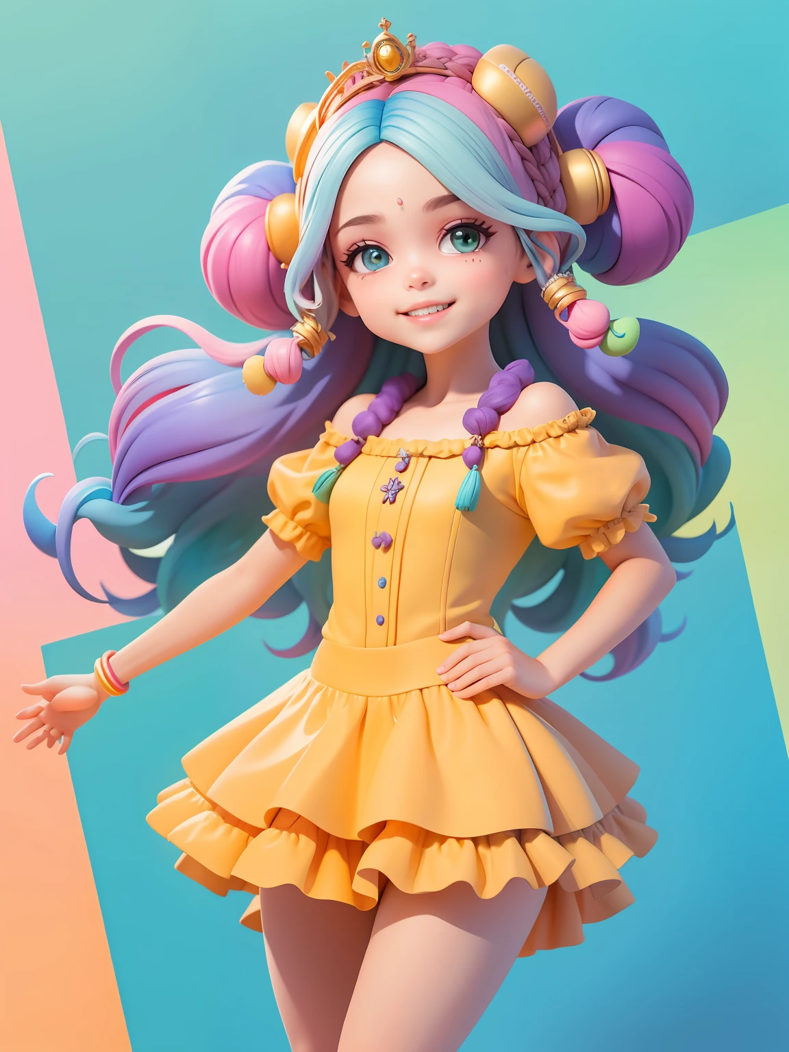 (obra-prima), (melhor qualidade), (ultra-detalhado), (corpo inteiro: 1.2), mulher, adolescente, universo de fantasia, vestido leve e detalhado, sorriso claro, corpo inteiro, :3, roupas afro, princesa, cabelo multicolorido, fundo tom pastel e simples.