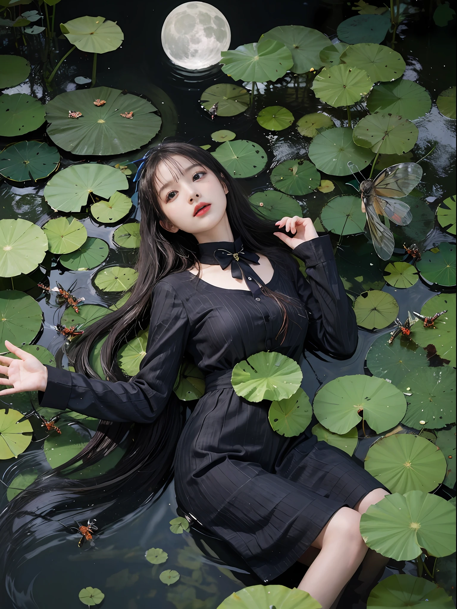1girl in,lightsmile,(A lot of insects:1.7),(Black uniform),(Absurd insect pond),(lilypads),(The lotus flowers:1.3),(butterfly:1.4), (paper fan), (Floating leaves and caterpillars),(Wind), (Lying), (Black water:1.1),(Moonlight:1.3),(Absurd atmosphere:1.4), (Wide Shot),(From above),(Black theme:1.2), She is lying in the center of the lotus pond, ((top-quality、9 head and bod、masuter pie:1.3))、1、sideshot:1.2、Beautiful Japan woman with slender abs:1.3、cabelos preto e longos、Lots of bangs、(small tits:1.2)、(Lying in a black uniform:1.5)、Perfectly matched with the surrounding landscape. beautiful night, Moonlight reflected in the water, Creating a calm atmosphere. From above, Viewers can see the lily pads and lotus flowers surrounding her, There is a mysterious light in the water、illuminate insects moving gracefully around her,,,,. Lots of blue caterpillars are dancing around the girl, Green theme dominates the scene, In emerald and jade shades that emphasize the natural beauty of the pond. The rippling water and moonlight add to the quiet mood, It will be the perfect spot for relaxation and reflection.