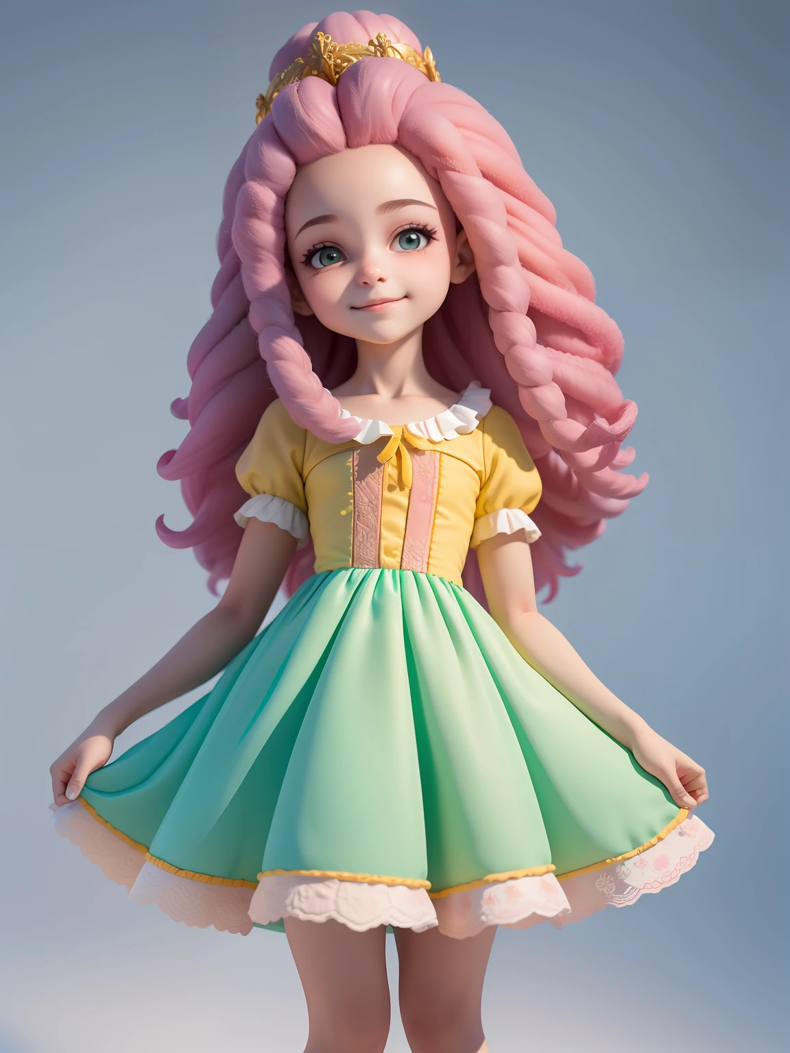 (obra-prima), (melhor qualidade), (ultra-detalhado), (corpo inteiro: 1.2), mulher, adolescente, universo de fantasia, vestido leve e detalhado, sorriso claro, corpo inteiro, :3, roupas afro, princesa, cabelo multicolorido, fundo tom pastel e simples.