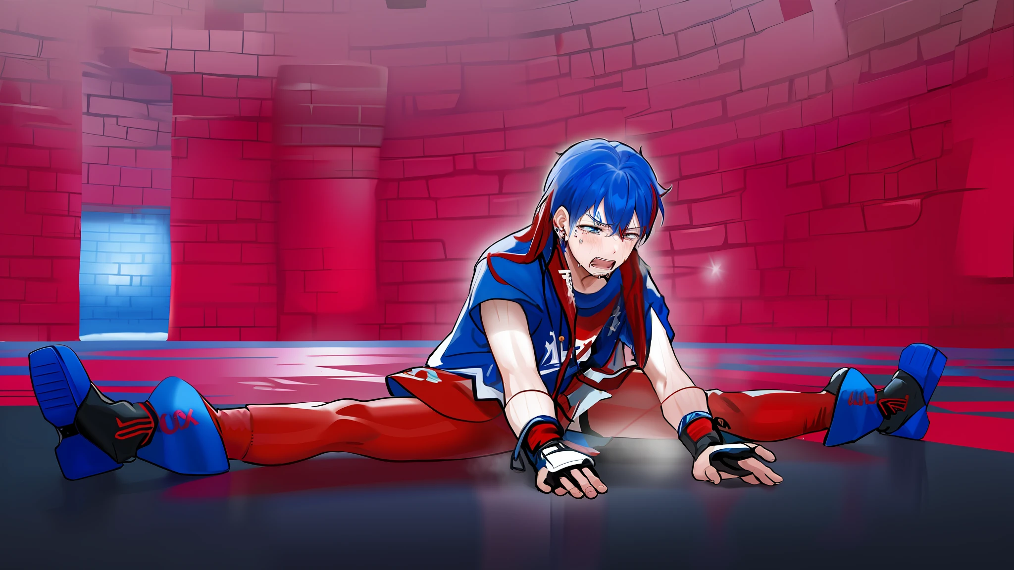 blue-sky、red hairs、Male child、GYMTASTIC、Painful、Black clothe、Tears