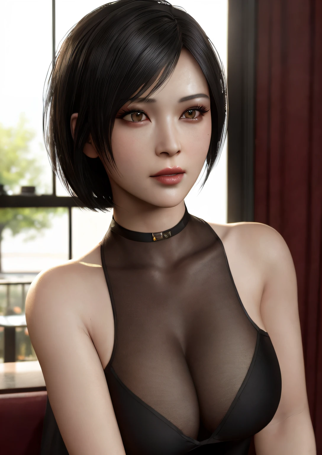 1girl, ((portrait)) of beautiful ADAWONG, looking at viewer, black hair, short hair, ((red dress)), black choker, transparent black stocking, side slit, blush, blotchy makeup, trending on Artstation, ada, realistic, athletic night, highly detailed skin, warm skin tone, ((frowning)), ((pouting)) highly detailed face, highly detailed pupils, highly detailed iris, RAW photo, best quality, high resolution, ((masterpiece)), tonemapping, photorealistic, realistic, professional photography, sharp focus, HDR, 8K resolution, intricate detail, sophisticated detail, hyper detailed, (depth of field), highlight and shadow, volumetric lighting, golden hours lighting, professional light, ,inside a cafe, beside a window, highly detailed background, bokeh, sfw,