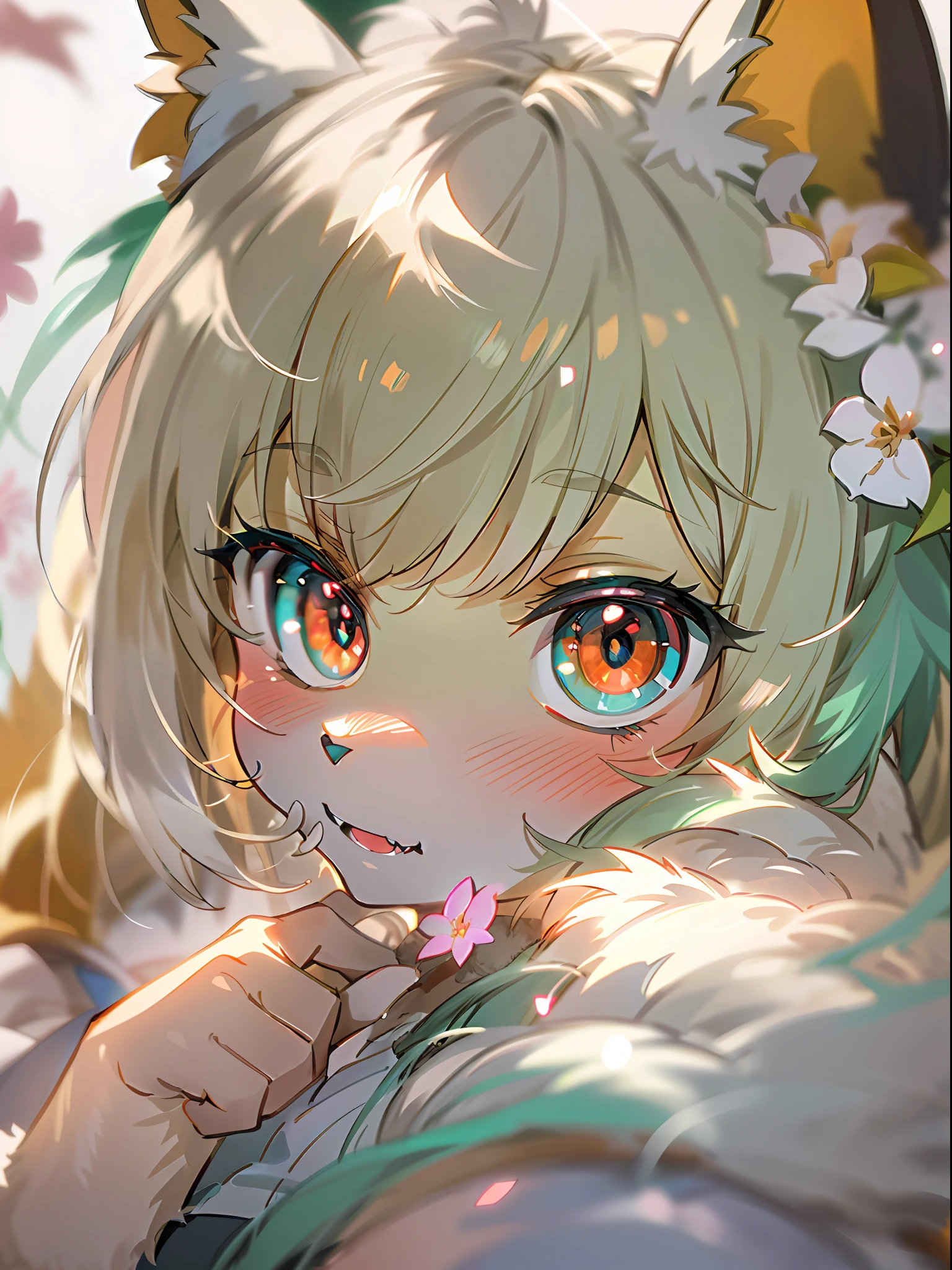(furry1.5),(skin fur),(cute),constricted pupils, aqua eyes, gradient eyes, red eyes, wide-eyed, flower-shaped pupils, animal ears, fox ears, smelling, fangs, pout, parted lips, fang out, chin grab, nose blush, Conceptual art, Romanticism, chiaroscuro, depth of field, cinematic lighting, drop shadow, dutch angle, tachi-e, f/2.8, 85mm, UHD, masterpiece, ccurate, super detail, high quality, best quality, highres, high details, 8k