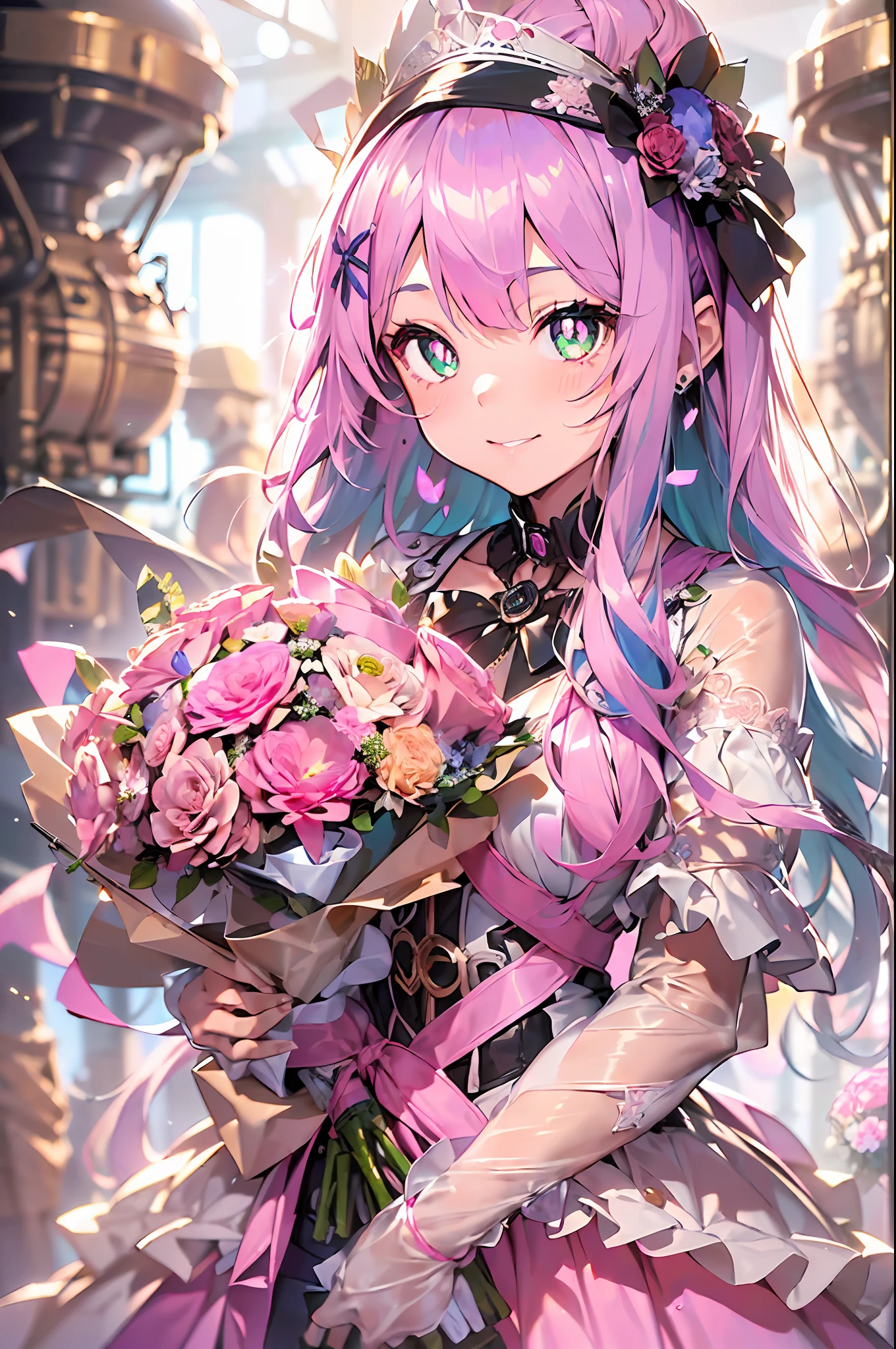 Steampunk style:2.gear、Steam engines、(hand over a bouquet:2)((masutepiece))),((ultra-detailliert,Best Quality, hight resolution)), (1 girl)((Pink hair, Long hair,Straight hair,two side up)) (Green eyes),eyeshadows, eye line,gloweyes, ultradetailed eyes, intricate eyes, Beautiful eyes, ((Glowing pink pupils))18-year-old girl、frilld.Smile .Hourglass background、Big hourglass.((High contrast RGB effect, LED effect, Kaleidoscope effect, Shining Effect, Ripple Effect, Glitter RGB effect)) (Black background: 1.5)A smile