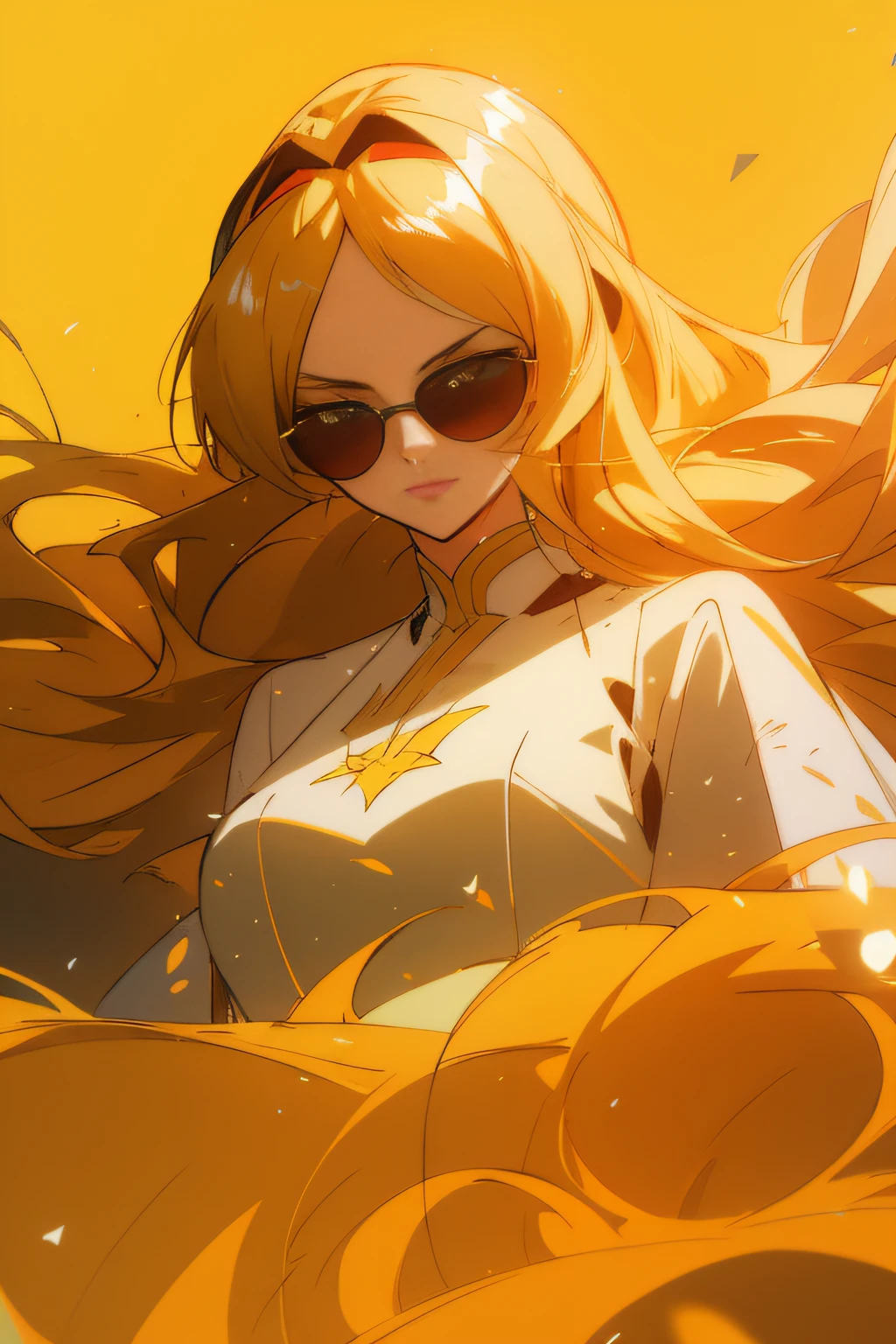 anime - style image of a woman with long blonde hair and sunglasses, artgerm and atey ghailan, digital art on pixiv, artwork in the style of guweiz, trending on artstation pixiv, yellow aura, detailed digital anime art, jen bartel, digital anime illustration, :: rossdraws, rossdraws cartoon vibrant