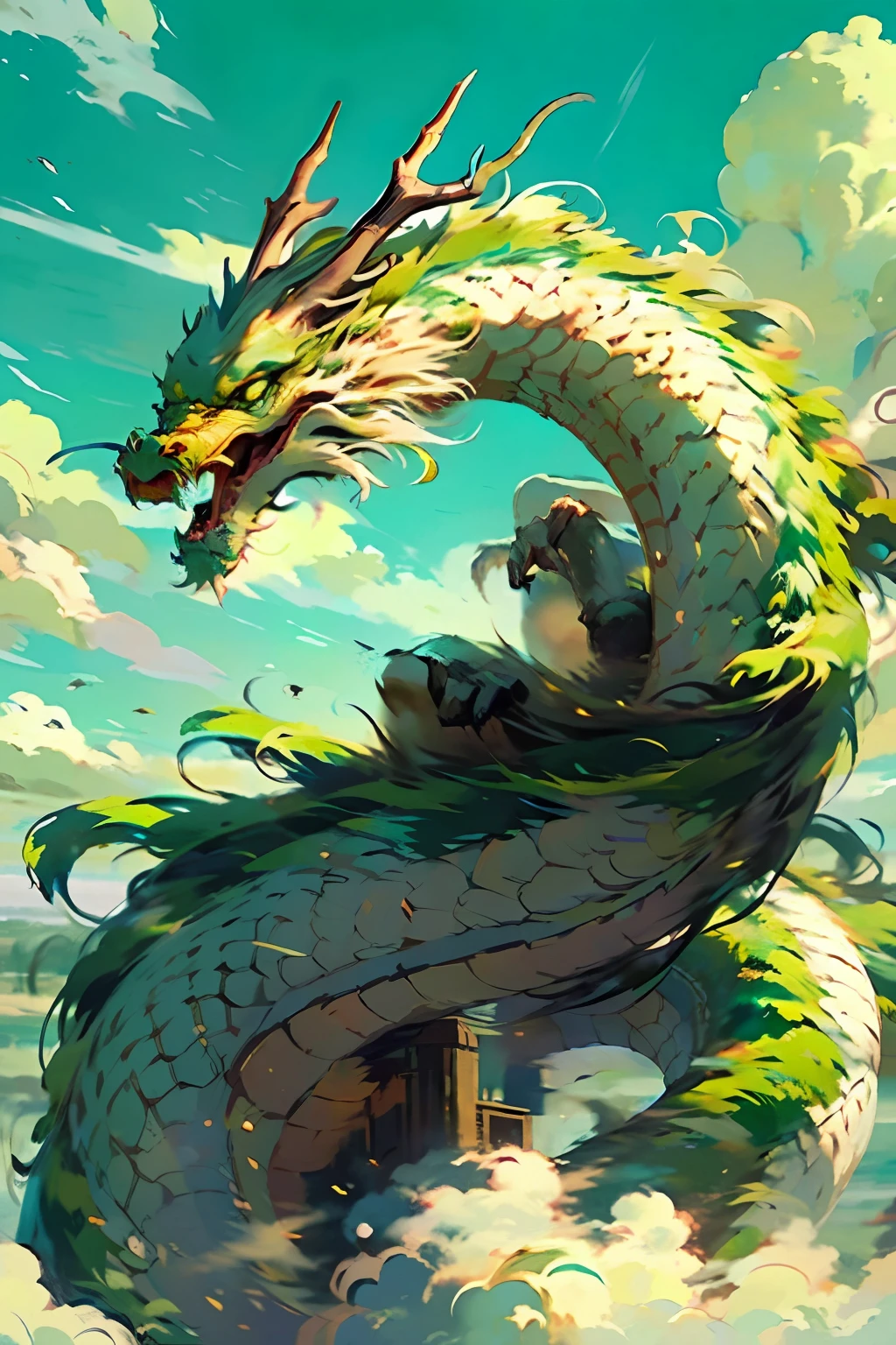 Best quality, masterpiece, super high resolution, no human, (length: 1.2), sky, yellow eyes, clouds, scales, green oriental dragon, open mouth, sharp teeth, flying, horns, teeth, sky, claws, fangs, blue sky
