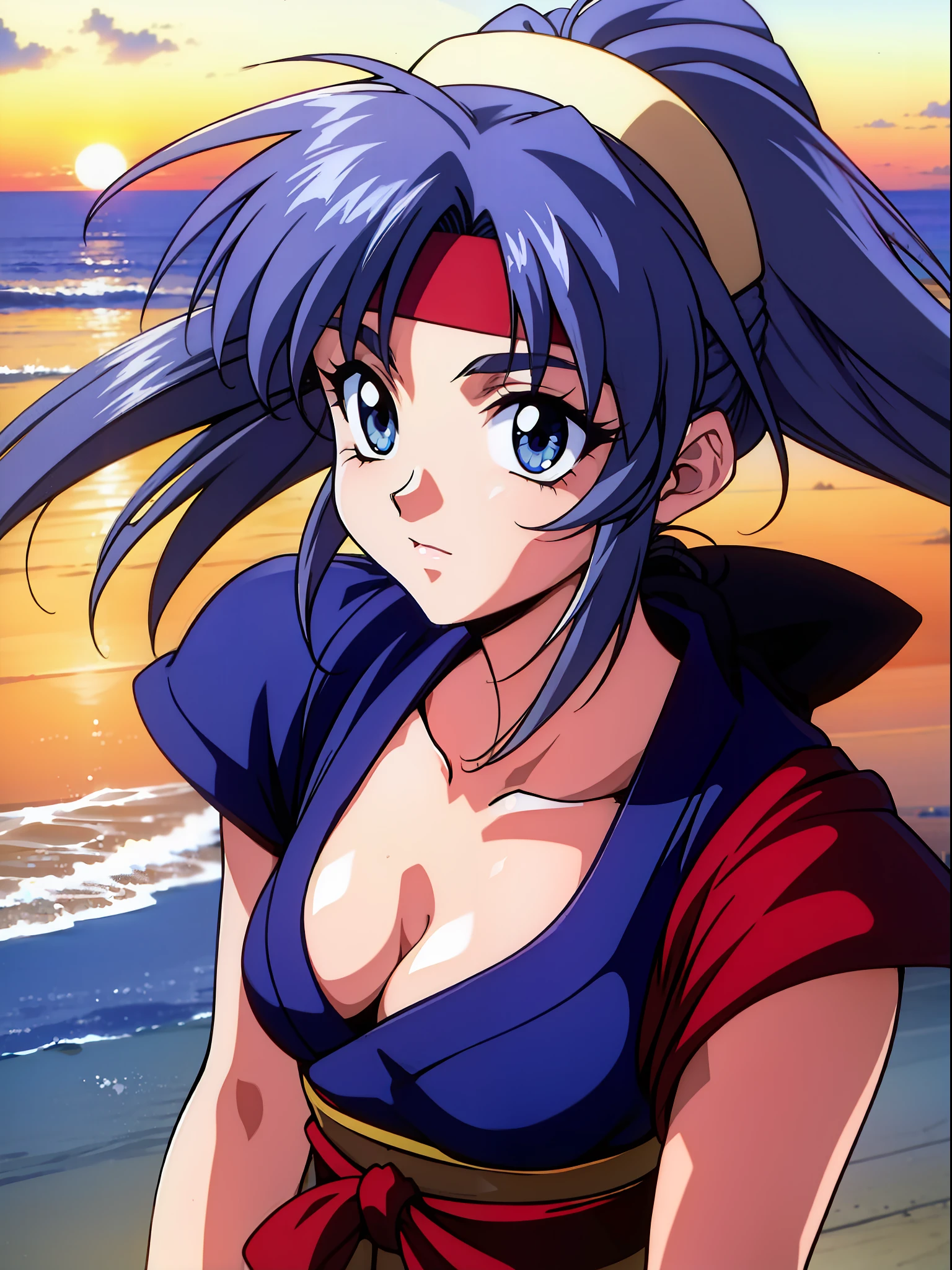 1990s anime style, 1990s manga style, in the art style of Yuuki Nobuteru, grey hair, multicolored hair, fantasy, kunoichi, 1girl, solo, headband, inspired by Shirow Masamune, close up, sunset, japanese clothing, medieval, retro anime, sharp, defined lines, detailed, standing on beach, cleavage, makeup, beautiful face, gorgeous eyes.