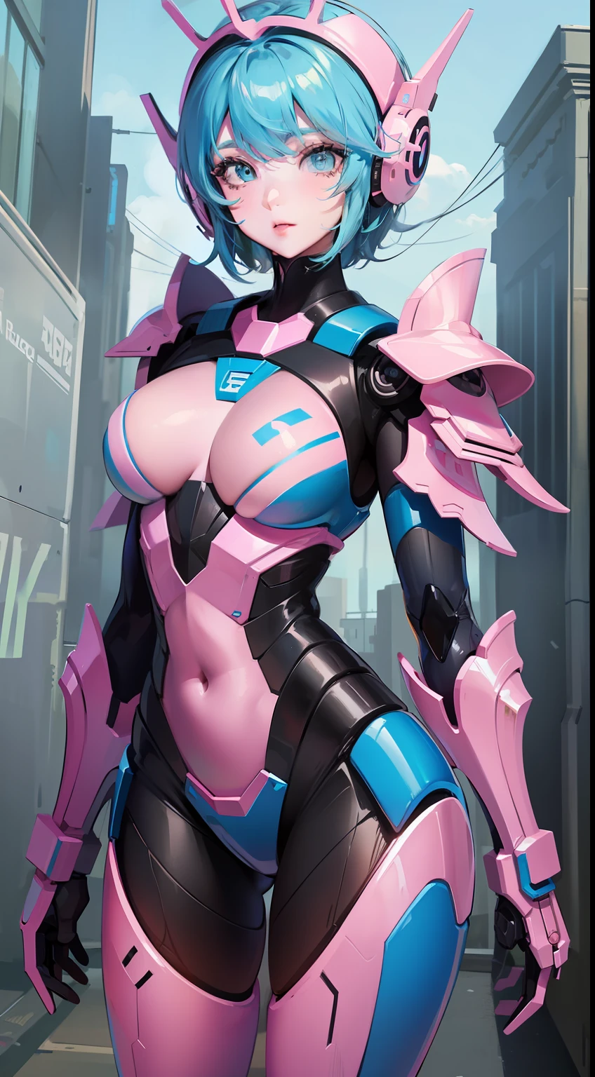 Adult woman, Short blue hair, Cyan eyes, Autobot's pink armor, arch, Masterpiece, hiquality