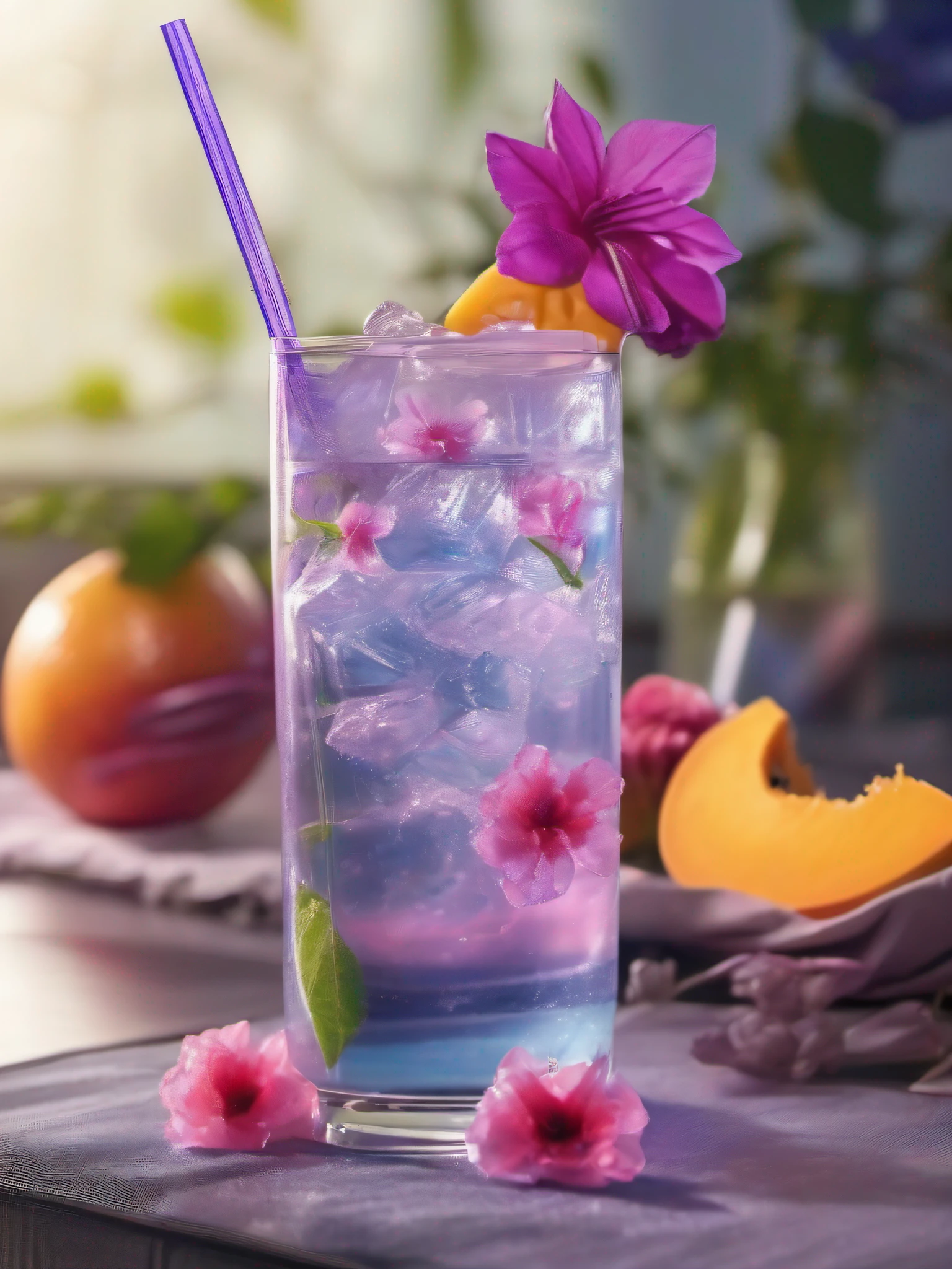 The glass is centered,cleanness,sparkling,Made from purified water、ice cubes、The orange、mangoes、water melon、Soft drink made from small purple flowers,Pure water bright,There are colored straws,There are small purple flowers,The small purple flowers are small,There are a lot of small green leaves,The water is clear and transparent,Ice cube,Blue-purple,Ice cubes shiny and shiny,Colored straws,85mm,closeup cleavage,On a table,The background is sunlight,Contre-Jour,NOhumans,Head-up shooting angle,intense contrast