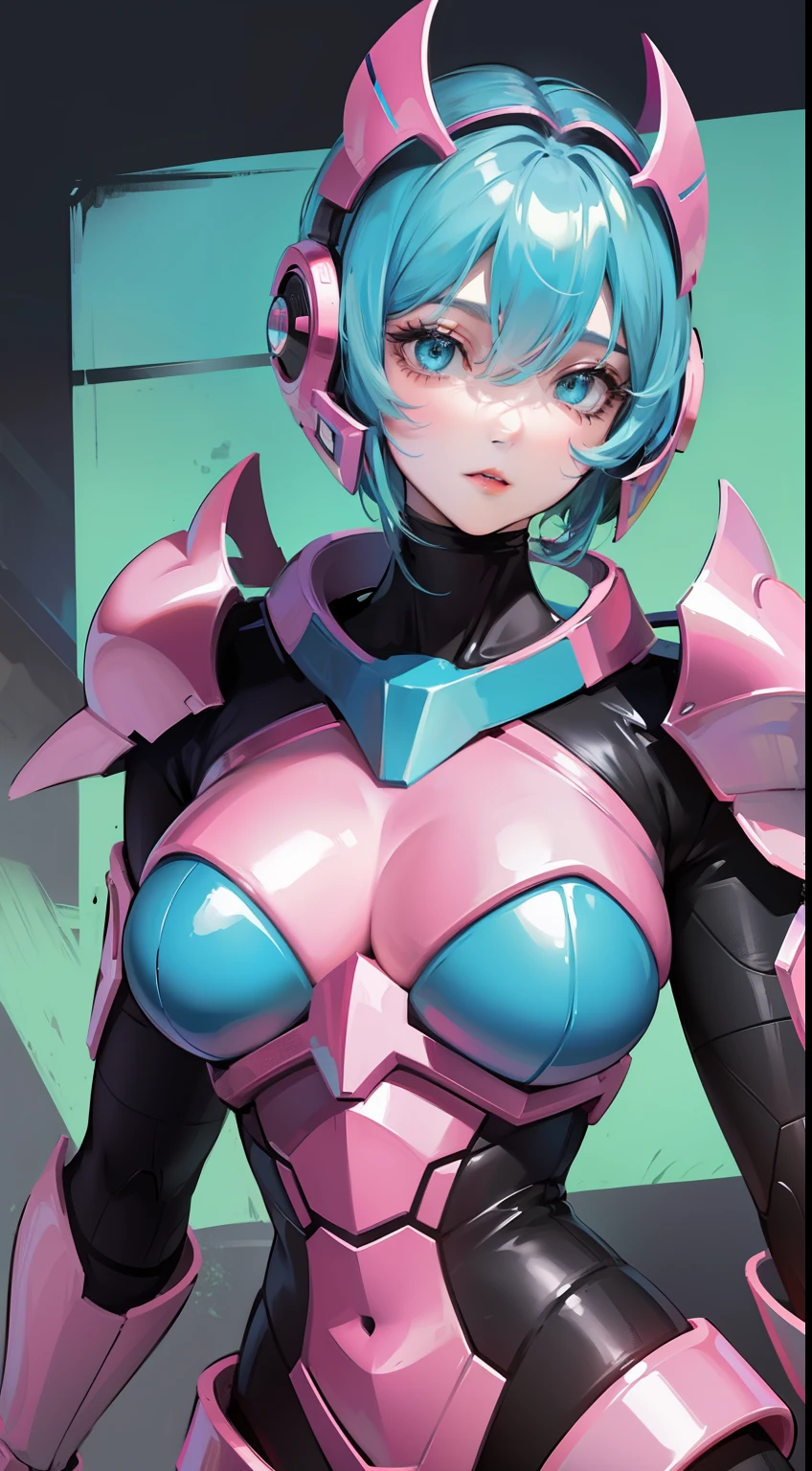 Adult woman, Short blue hair, Cyan eyes, Autobot's pink armor, arch, Masterpiece, hiquality