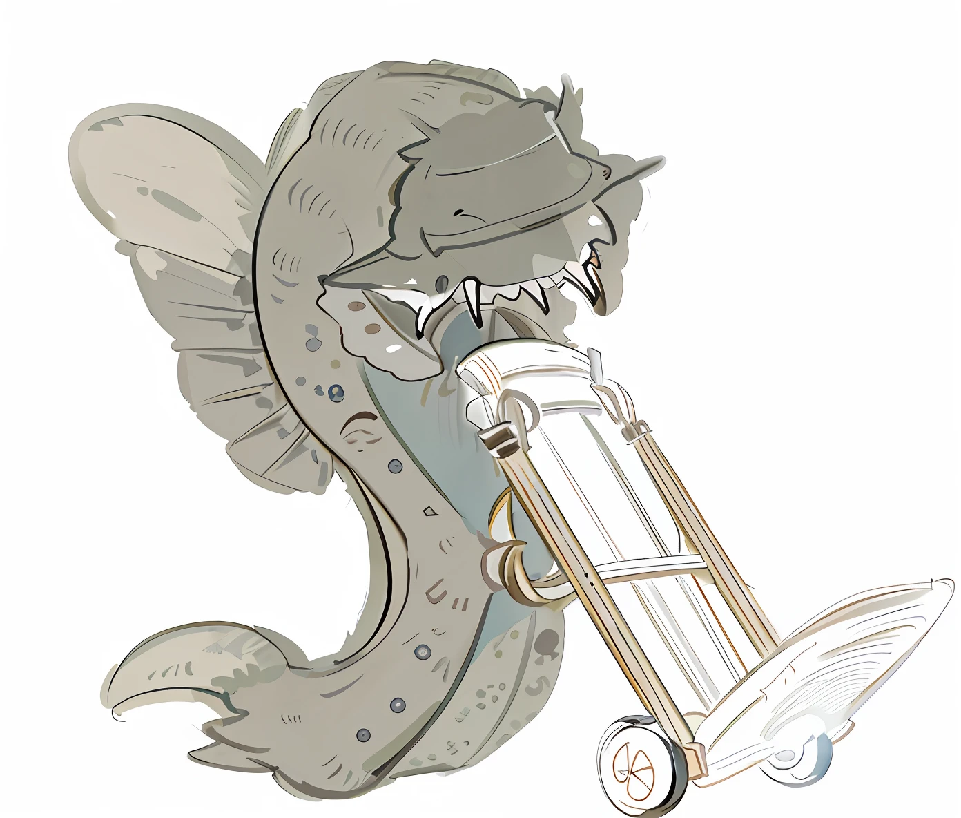 Cartoon of a fish cart with luggage cart, cat seahorse fursona, No tail, concept-art, concept-art, From cryptid academia, mech shaped like a manatee, sandworm, [ conceptual art ]!!, Concept illustration, anthropomorphic shark, mizutsune, chariot, with tail, attached tail, Cat Seahorse Shapeshifter
