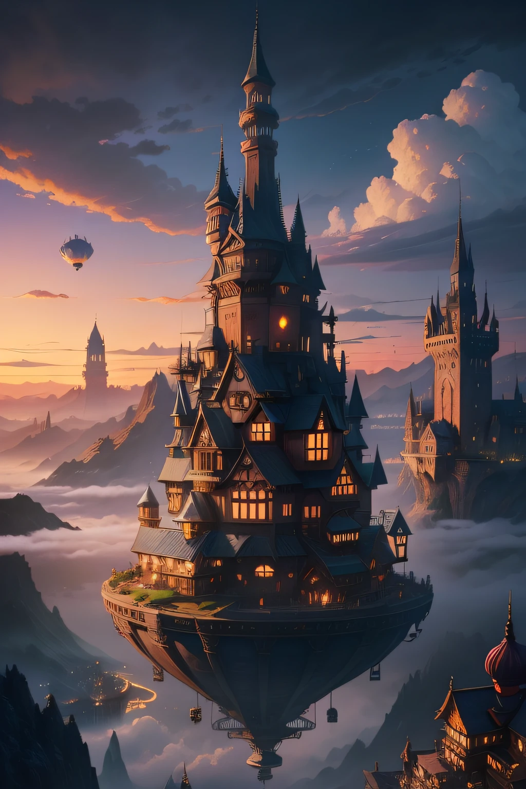 floating village in the sky, clouds, magical town, hovering over mountains, tall spires reaching into the heavens, castles in the air, balloons and dirigibles, steam punk, neo medieval architecture, highly detailed, cinematic lighting, volumetric clouds, by Igor Oleinikov and Thomas Kinkade
