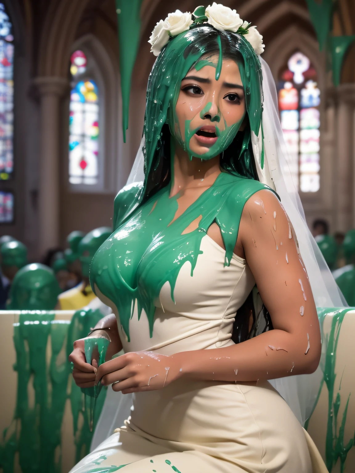 8k, hd, masterpiece, hyper realistic, super detailed, extreme realism, photo realistic, sharp focus, Canon50, (Asian bride moaning in pain: 1.9), Asian woman, wedding dress, (inside church: 1.9), crowded wedding church, beautiful face, delicate eyes, (wet slime dripping down head: 1.5)