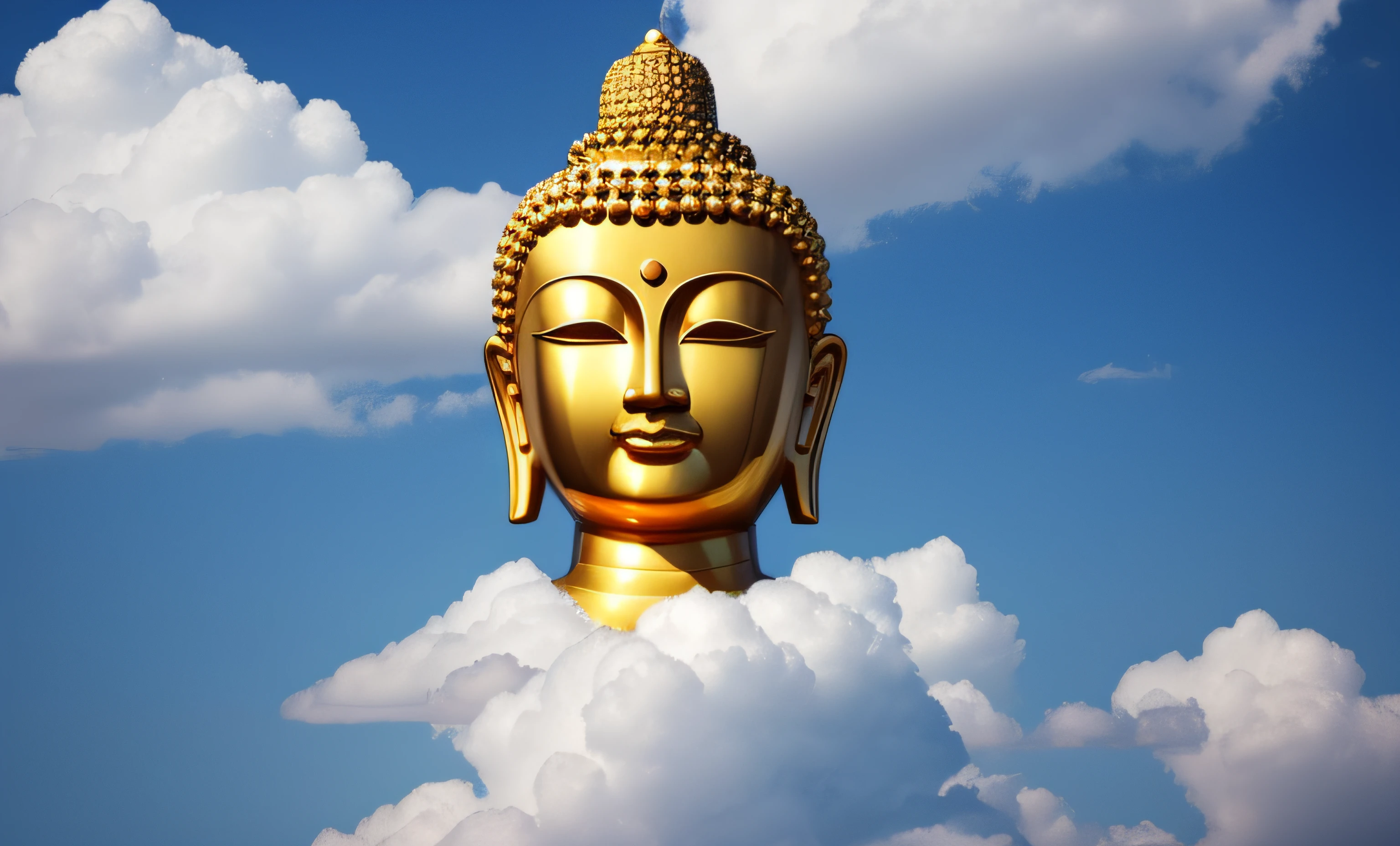 There is a golden Buddha statue in the sky,Clouds, a Buddhist Buddha, Buddha, Buddhist, Buddhism, beautiful gold saint, Float in the blue sky and white clouds,Powerful in the state of Zen, Head, enlightening, Enlightened, Beautiful image, close up portrait shot, samsara, sculpture made of gold, Cloud, serene, Zen, enlightening, author:David Burton-Richardson, author:Joseph Werner, beautiful fine sky