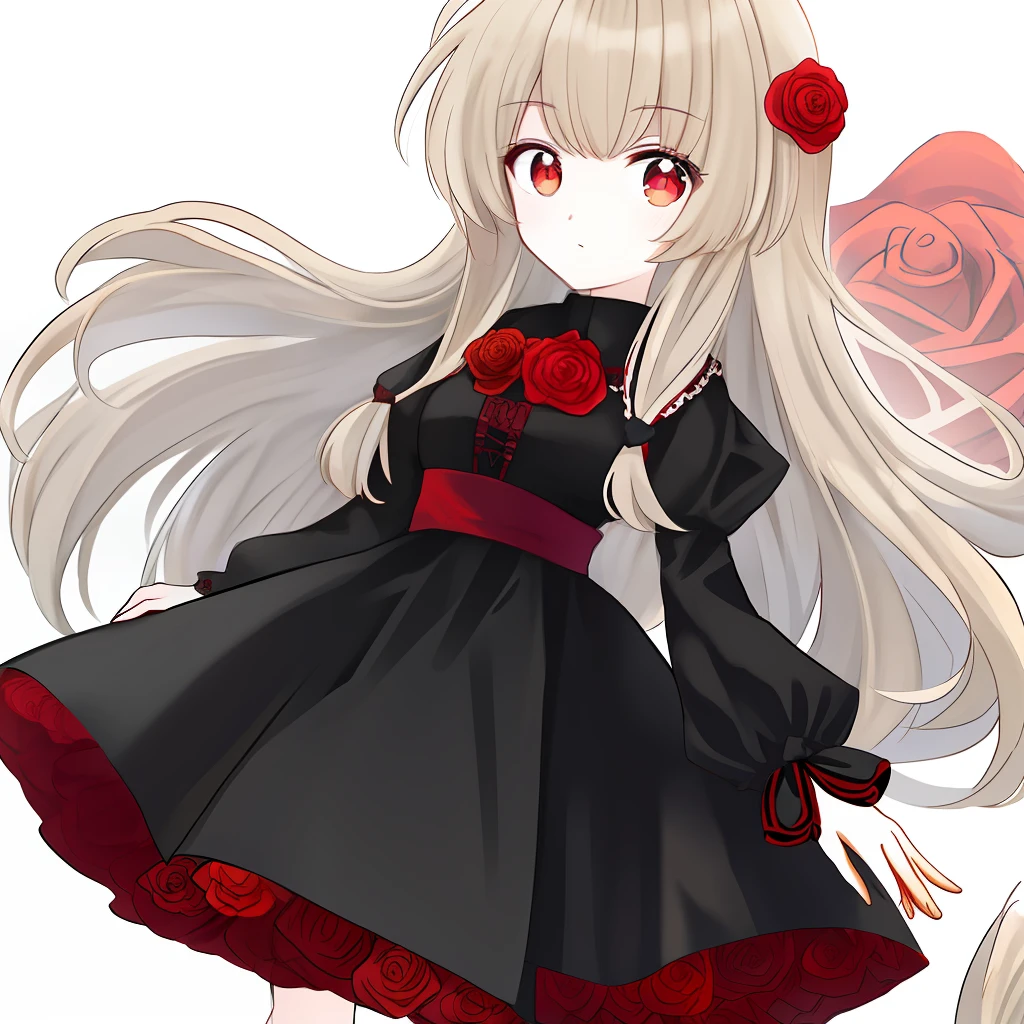 cabelos preto e longos，dual horsetail，red color eyes，Loli Maiden，Dress，red rose