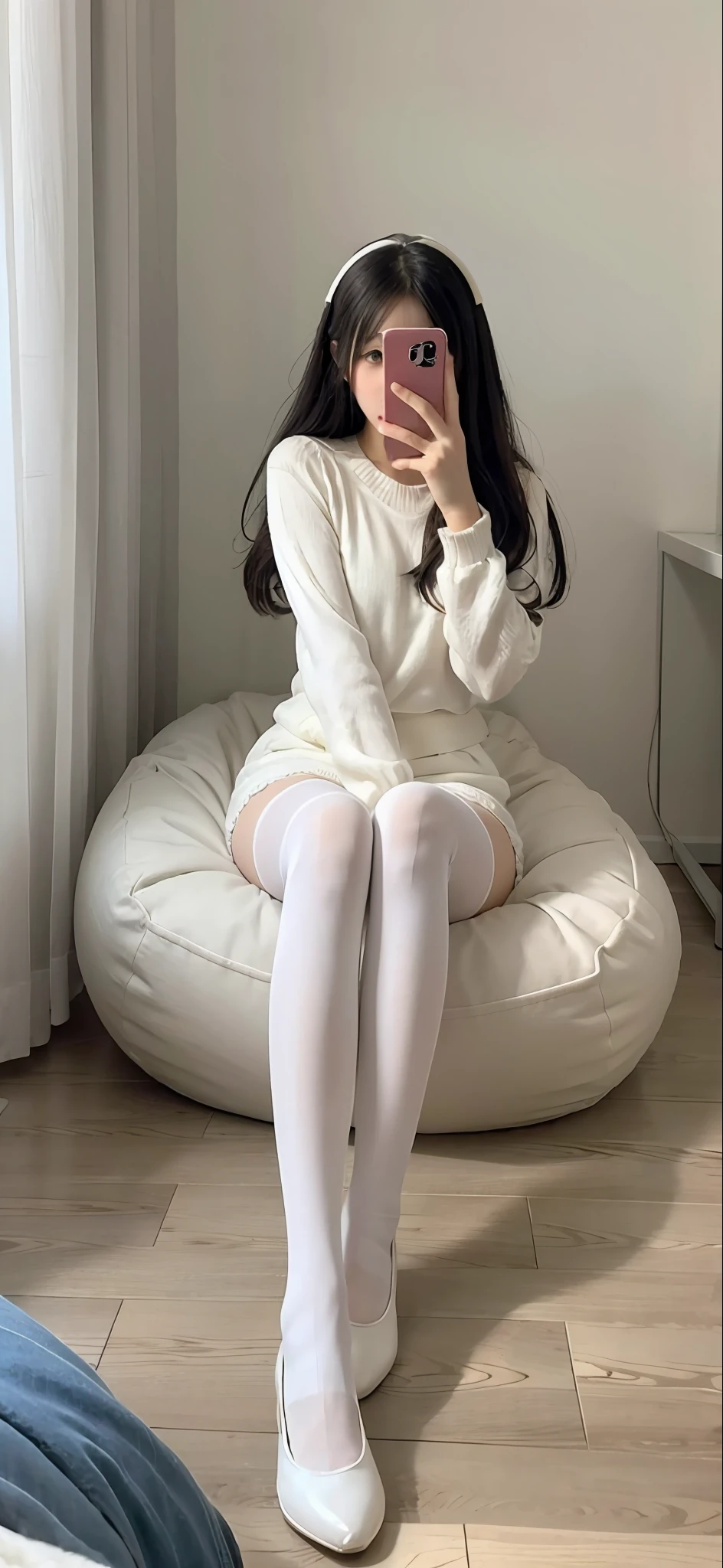 There was a woman, Arakfi, sitting on a bean bag，，Take a selfie with your phone in the mirror，Holding a teddy bear in his hand, anime barbie in white stockings, White Cat Girl, Full length and white stockings, Anime girl in real life, very beautiful cute catgirl, kerli koiv as anime girl, Anime girl cosplay, Wearing white tights, sitting in her room, sitting on her bed, White tights, White stockings