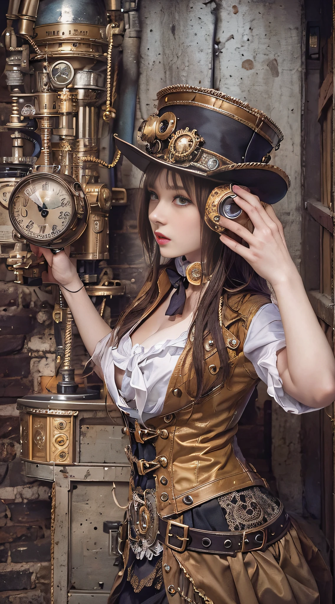 Woman in steampunk costume taking pictures, wearing steampunk attire, steampunk fantasy style, (Steampunk), ( Steampunk ), a steampunk beautiful goddess, steampunk beautiful anime woman, Steampunk Girl, Steampunk style, steampunk fantasy, Steampunk, steampunk inventor girl, golden steampunk, steampunc, steampunc, Set in a steampunk world, Vivid steampunk concept