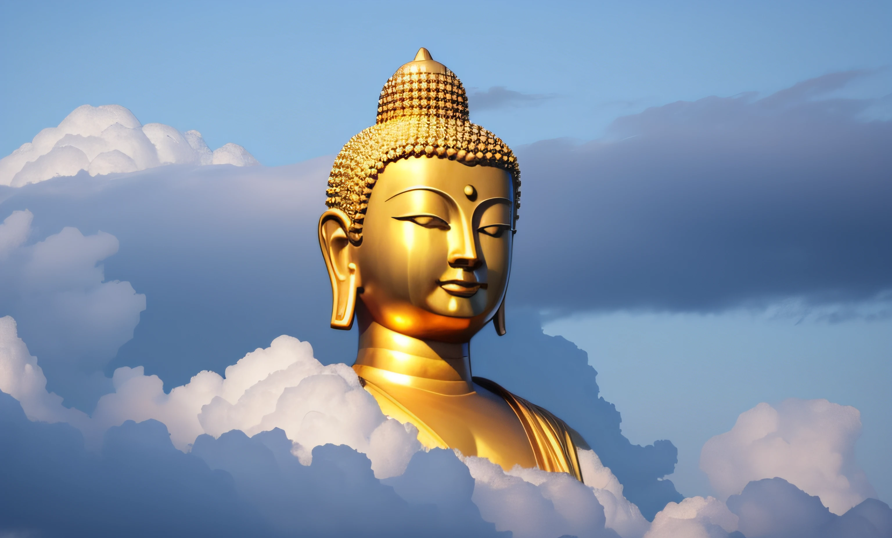 There is a golden Buddha statue in the sky,Clouds, a Buddhist Buddha, Buddha, Buddhist, Buddhism, beautiful gold saint, Float in the blue sky and white clouds,Powerful in the state of Zen, Head, enlightening, Enlightened, Beautiful image, close up portrait shot, samsara, sculpture made of gold, Cloud, serene, Zen, enlightening, author:David Burton-Richardson, author:Joseph Werner, beautiful fine sky
