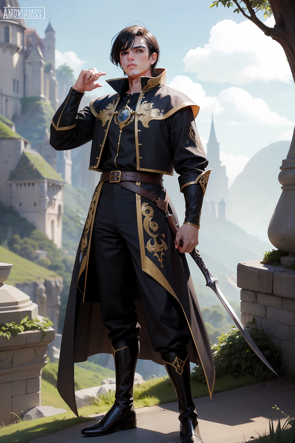 realista, homem jovem, magro, short hair cut, cabelo curto preto, fantasia, armaduras medievais pretas, roupas pretas, roupas medievais, Slacks, botas, corpo todo, nevoa negra ao fundo