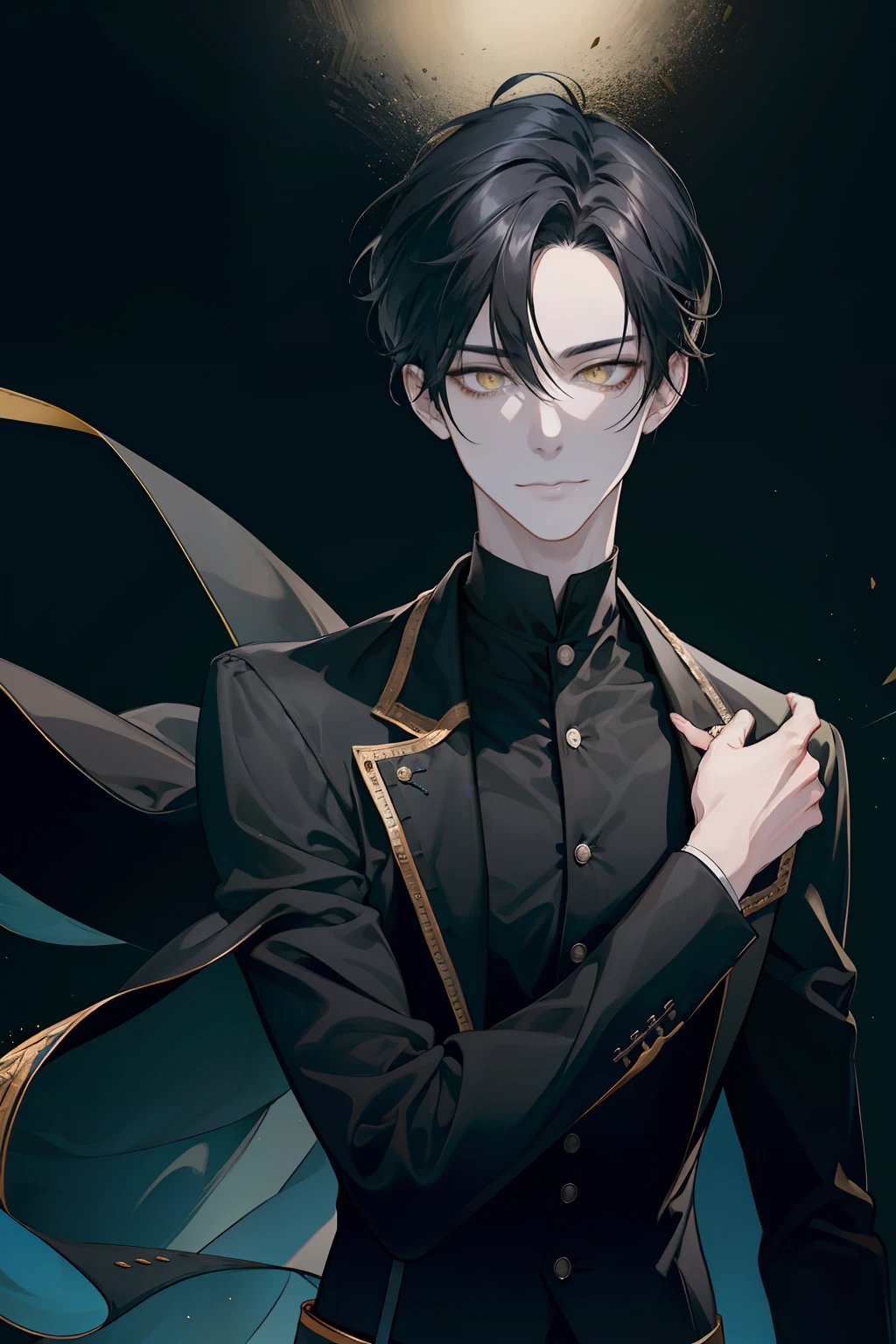 masterpiece, best quality, 1 male, male focus, handsome, black hair, forehead hair, yellow eyes, thin, wear black shirt, open two buttons in his shirt, collabone, wear black trouser, wear watch in left hand, wear black glove, tall, mature, evil smile, in alley, 4k hd, dark, upper body, not looking at viewer, villian vibe