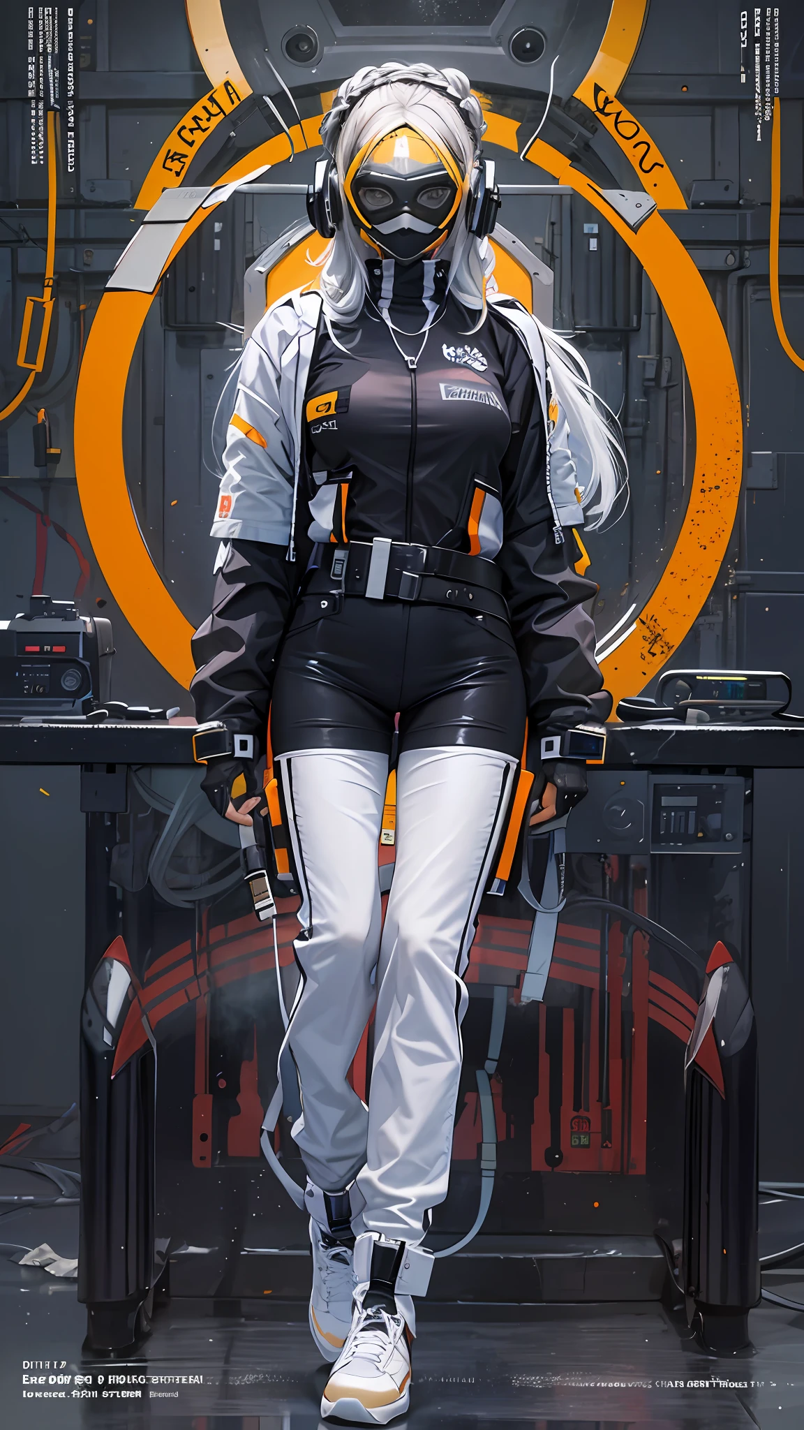 (magazine cover:1.3),ulzzang-6500, (realistic: 1.3) (original: 1.2), masterpiece, best quality, beautiful clean face, fullbody, 1woman, (wearing black and white and cobalt scifi techmask and headphones with complex electronics), wearing black techwear jacket and orange trousers with buckle and tape, (crystal necklace), posing for a picture, (white braided bun hair),