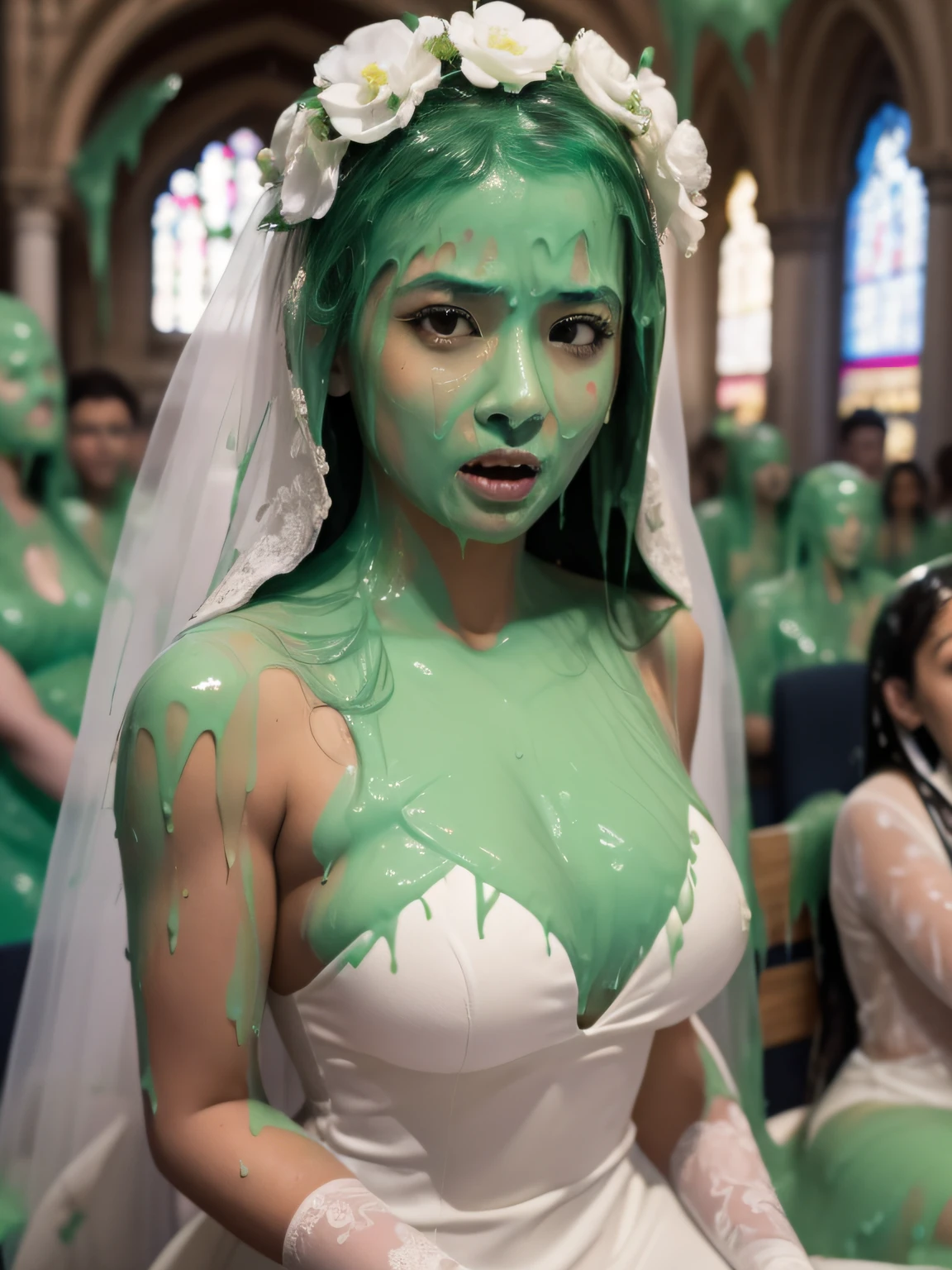 8k, hd, masterpiece, hyper realistic, super detailed, extreme realism, photo realistic, sharp focus, Canon50, (Asian bride moaning in pain: 1.9), Asian woman, wedding dress, (inside church: 1.9), crowded wedding church, beautiful face, delicate eyes, (wet slime dripping down head: 1.5)