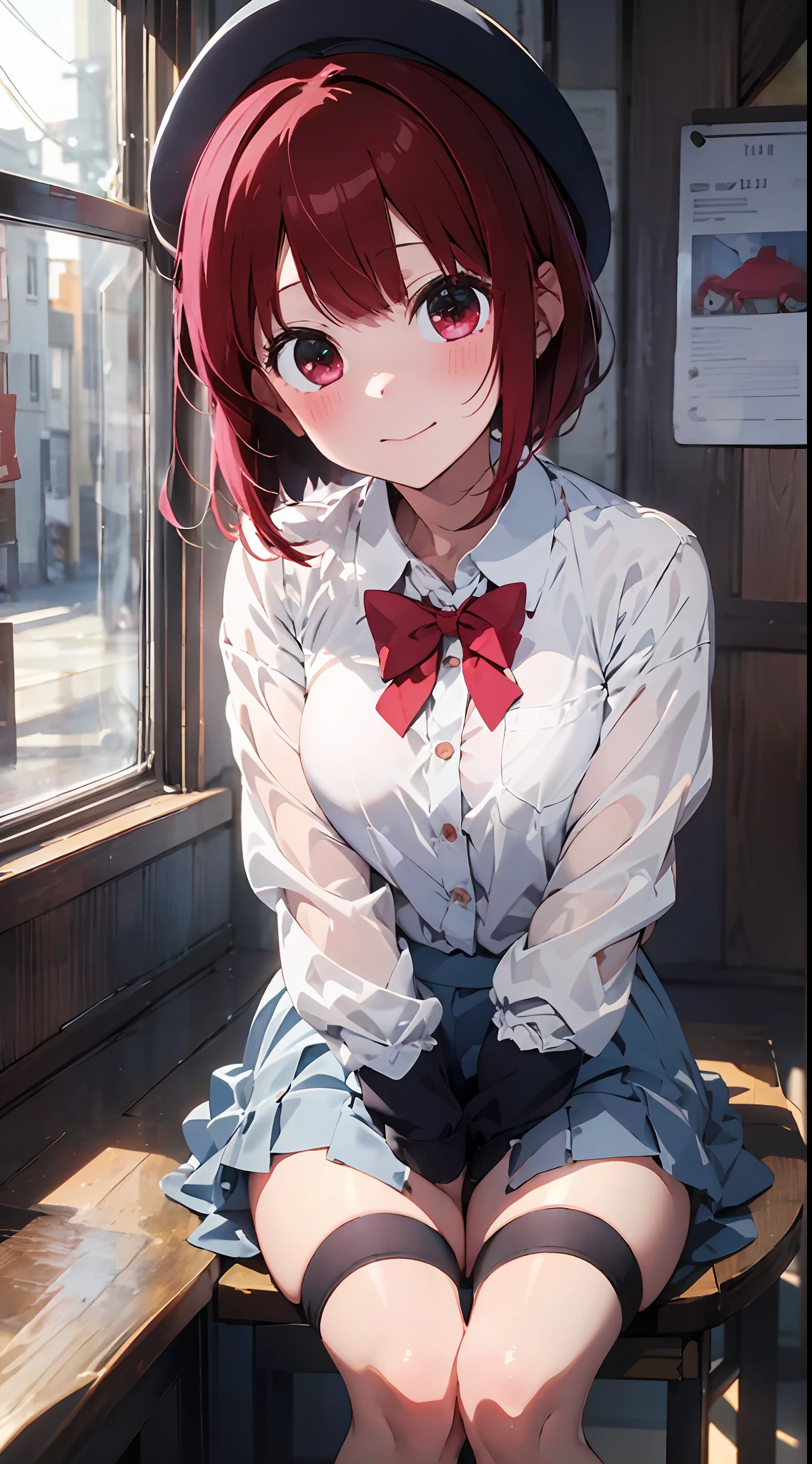 Masterpiece to the smallest detail、top-quality、1girl in、Solo looks 、150cm petite beautiful girl、small tits、12-year-old baby face、red hairs、Gradient bob in the forward、Pink and violet mesh、red eyes、Red eyes、Tall, big eyes、Outstanding looks、A lovely child、proximity、closed_mouth、a smile、red blush、full of shyness、blue headwear、Hats、pink bowtie、校服、 Blue jacket、jaket、skirt by the、Gray skirt shirt、white shirt、an legs、Black socks、sitting on、Classroom、hair_ornament、looking_at_viewer、beatiful detailed eyes、Akame、panties on、lift up one's skirt、Professional effects、