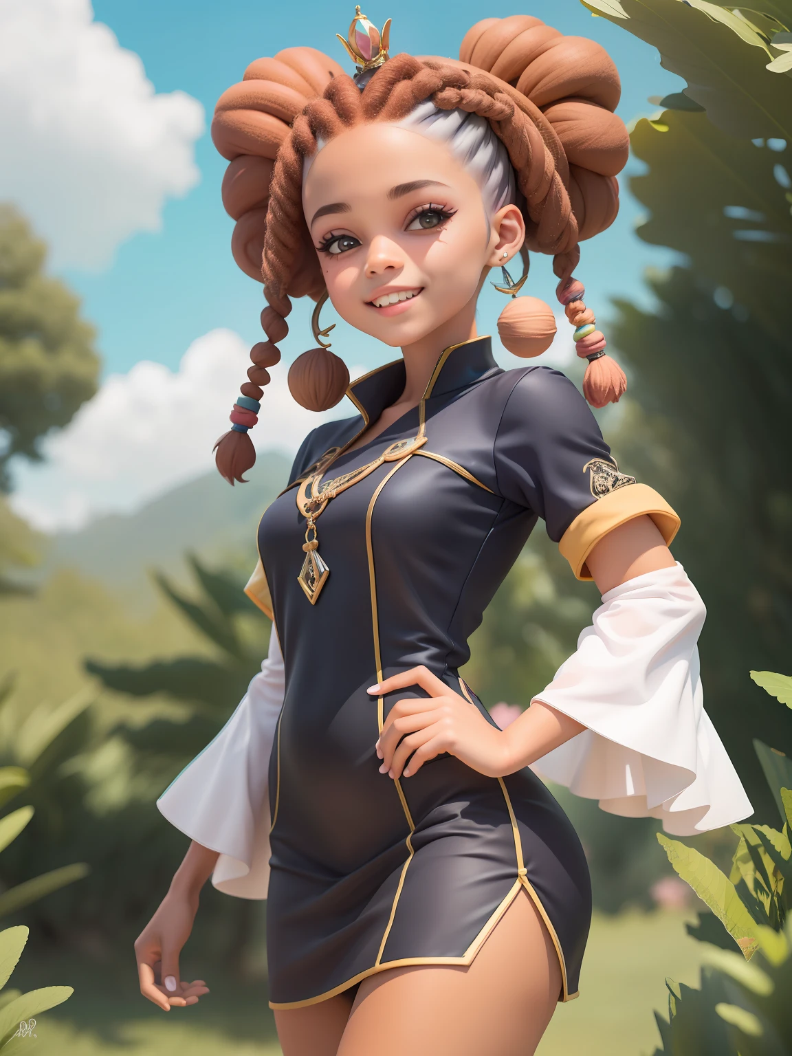 (obra-prima), (melhor qualidade), (ultra-detalhado), (corpo inteiro: 1.2), mulher negra, adolescente, universo de fantasia, vestido leve e detalhado, sorriso claro, corpo inteiro, :3, roupas afro, princesa, dread's, cabelo multicolorido, fundo tom pastel e simples.