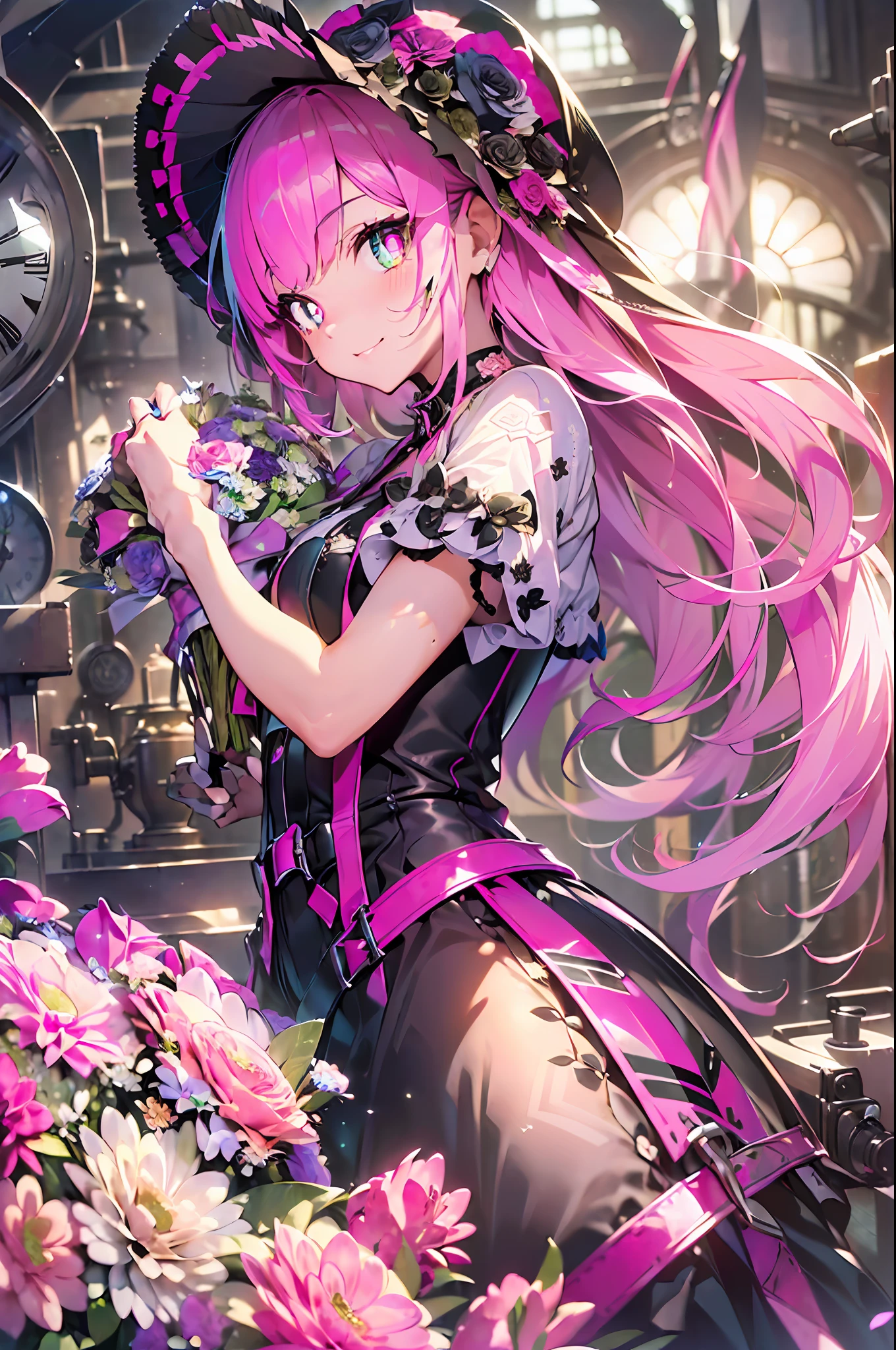 Steampunk style:2.hour glass、gear、Steam engines、(hand over a bouquet:2)((masutepiece))),((ultra-detailliert,Best Quality, hight resolution)), (1 girl)((Pink hair, Long hair,Straight hair,two side up)) (Green eyes),eyeshadows, eye line,gloweyes, ultradetailed eyes, intricate eyes, Beautiful eyes, ((Glowing pink pupils))18-year-old girl、frilld.Smile .Hourglass background、Big hourglass.((High contrast RGB effect, LED effect, Kaleidoscope effect, Shining Effect, Ripple Effect, Glitter RGB effect)) (Black background: 1.5)A smile
