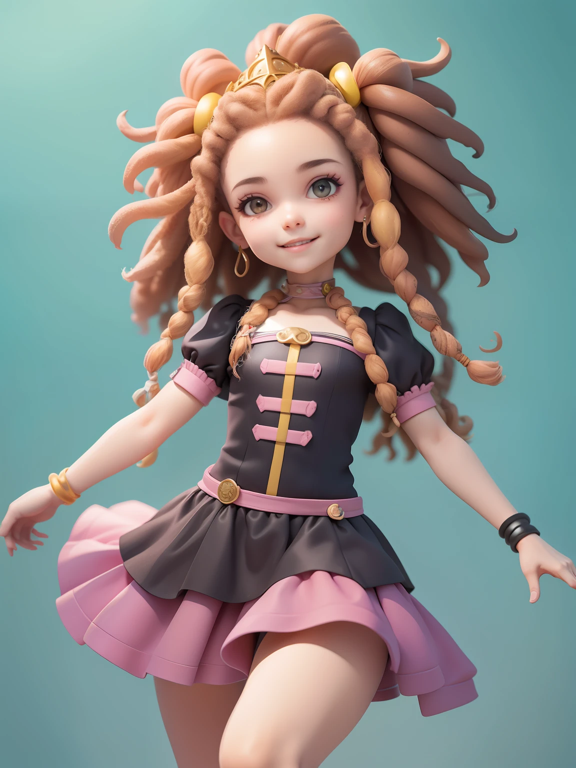 (obra-prima), (melhor qualidade), (ultra-detalhado), (corpo inteiro: 1.2), mulher negra, adolescente, universo de fantasia, vestido leve e detalhado, sorriso claro, corpo inteiro, :3, roupas afro, princesa, dread's, cabelo multicolorido, fundo tom pastel e simples.