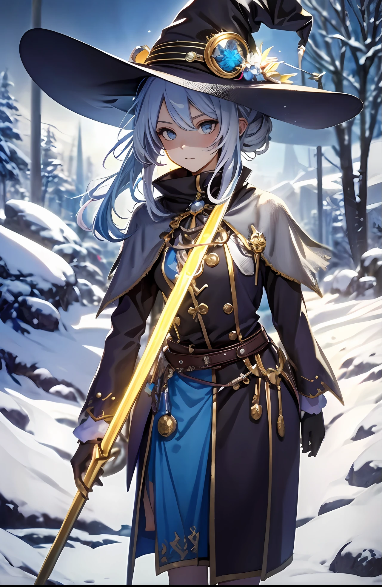 best qualityer,tmasterpiece,Ultimate resolution,downy,Extremely colorful,Colorful,The Witch,Long silver-blue hair,hair-bun,a matural female,Witch long-distance running,Magic Hat,Golden Hoop Stick,snow country,Lost snow,Normal posture
