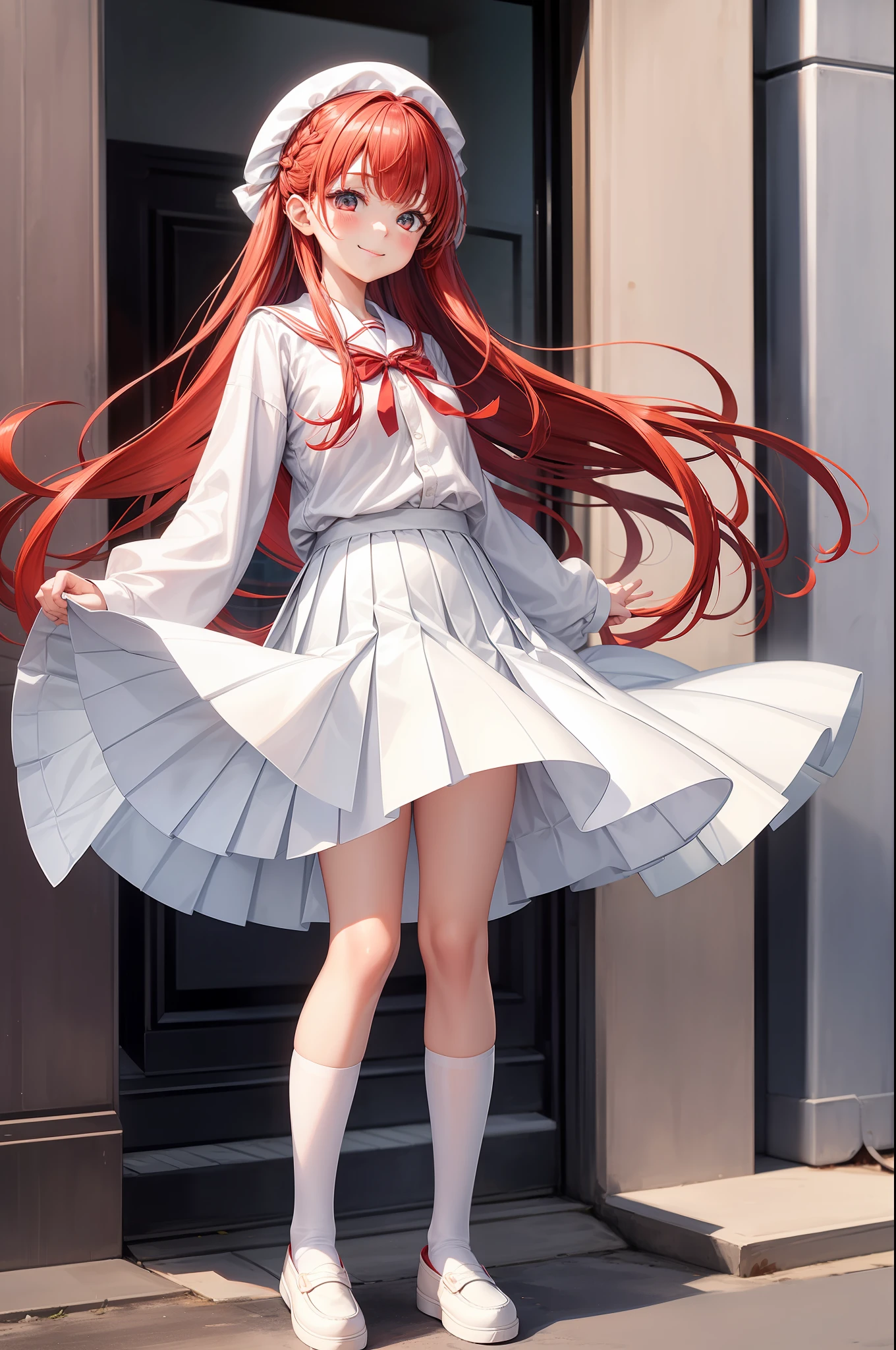 1 girl, ,white clothes,, hair clip, moccasins, long hair, long sleeves, looking at the lens, pleated skirt, red hair, ribbon, school uniform, shoes, simple background, skirt, smile, solo, standing, hips, on two sides, very long hair, white skirt