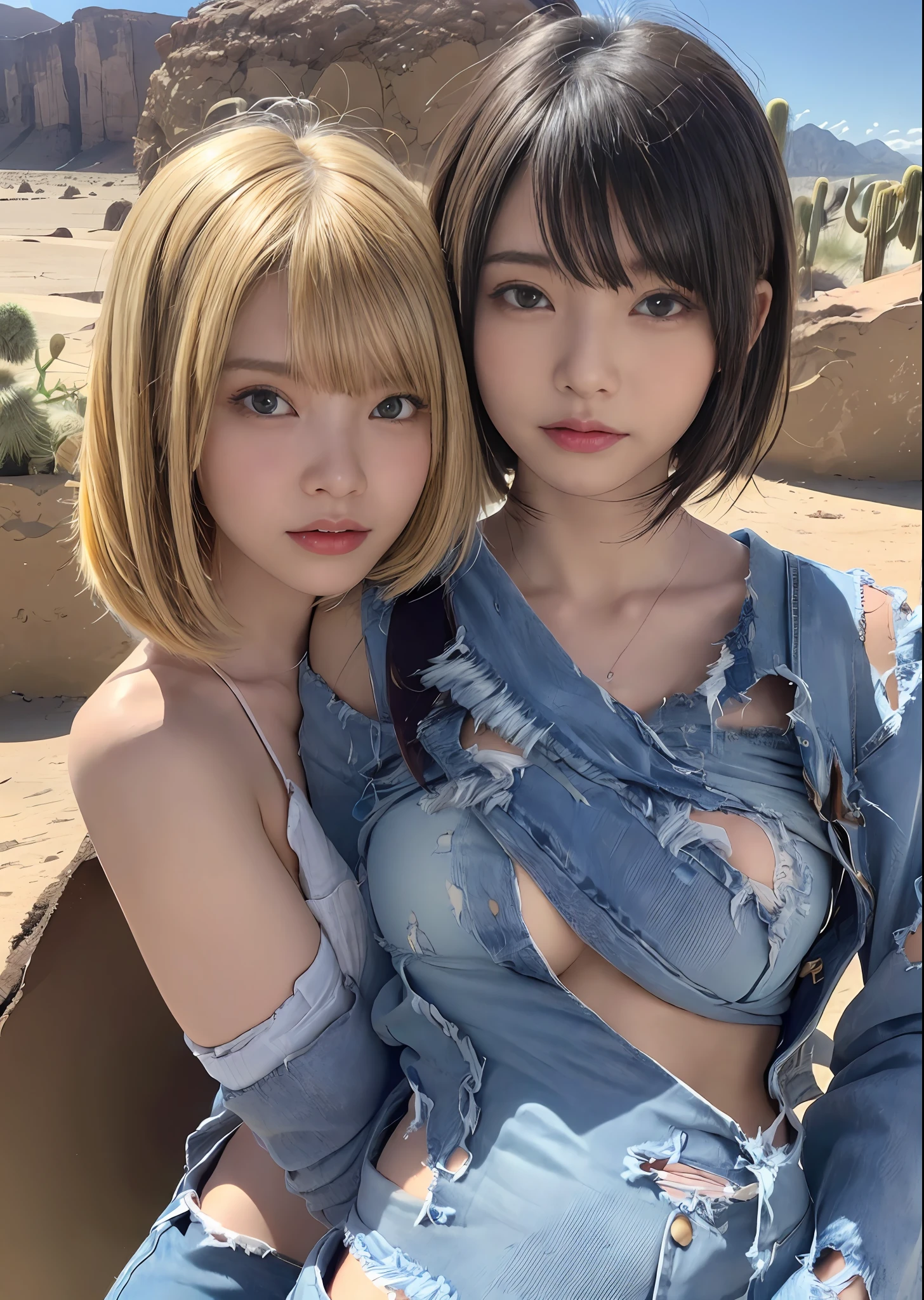 A slight smil,BDSM,damage jeans,(Tattered jeans:1.5),((No jacket:1.5)),gargantilha,nsfw,((top-quality、8k、​masterpiece:1.3))、Crisp focus:1.2、(layers-Cut、ample breasts:1.2),Beautiful woman with perfect body shape:1.4、Slender abs:1.2、a wet body:1.5、Highly detailed facial and skin texture、A detailed eye、二重まぶた,bob cut  hair、(cammel toe)、((A desert:1.5))、(细致背景:1.5)