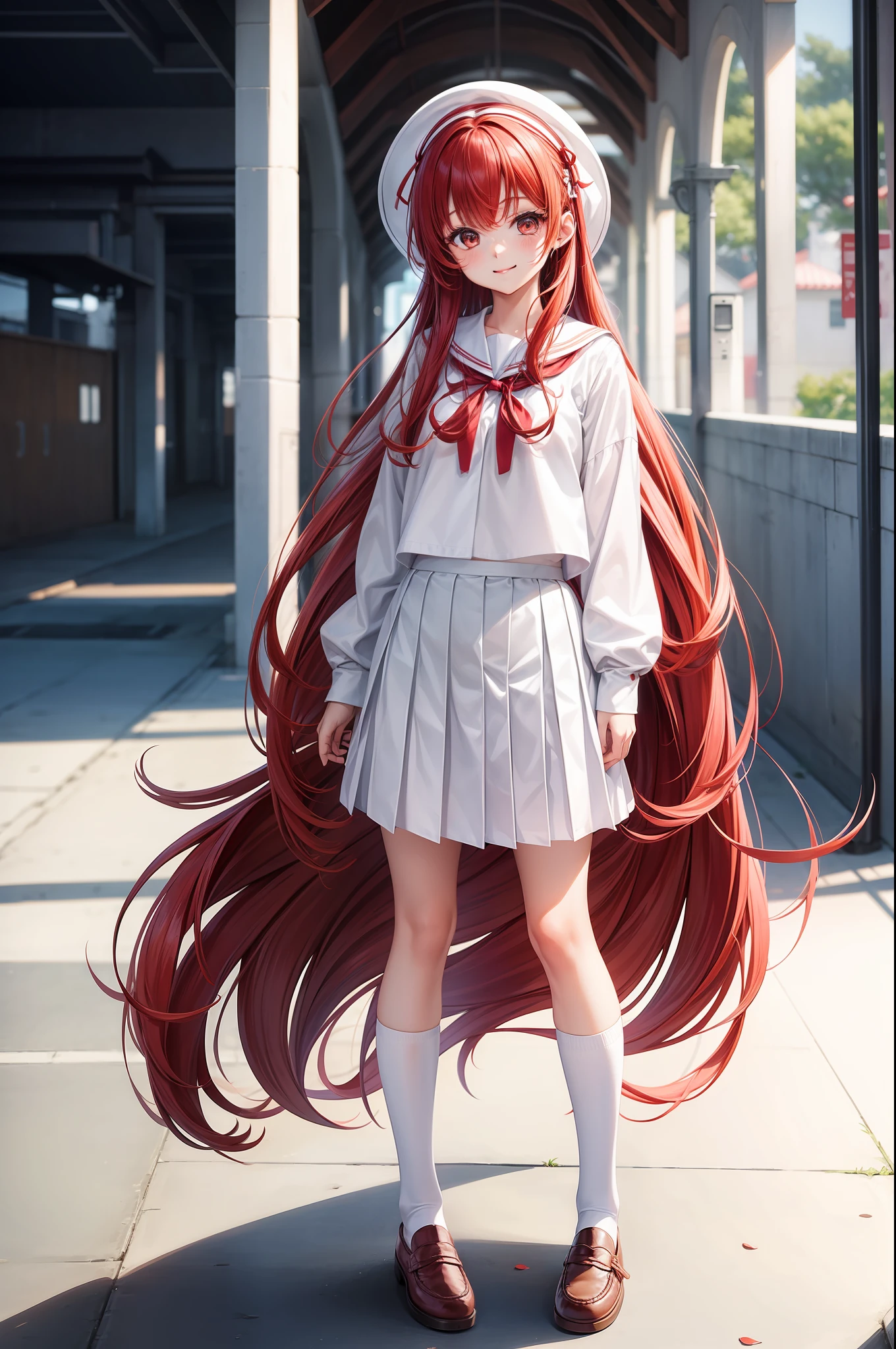1 girl, ,white clothes,, hair clip, moccasins, long hair, long sleeves, looking at the lens, pleated skirt, red hair, ribbon, school uniform, shoes, simple background, skirt, smile, solo, standing, hips, on two sides, very long hair, white skirt